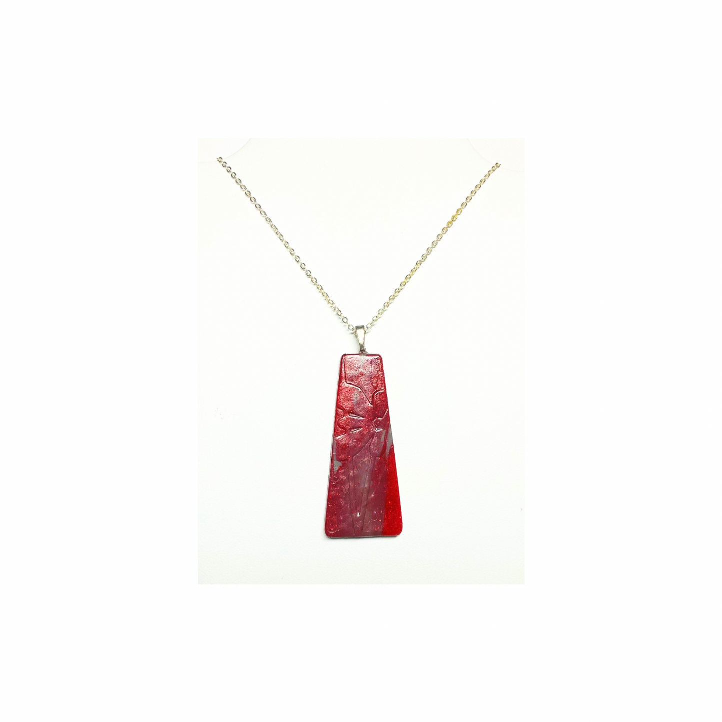 Handmade Red Polymer Clay Pendant with Pressed Flower Impressions on 18-inch Silver Chain Unique & Quality Crafted Jewelry