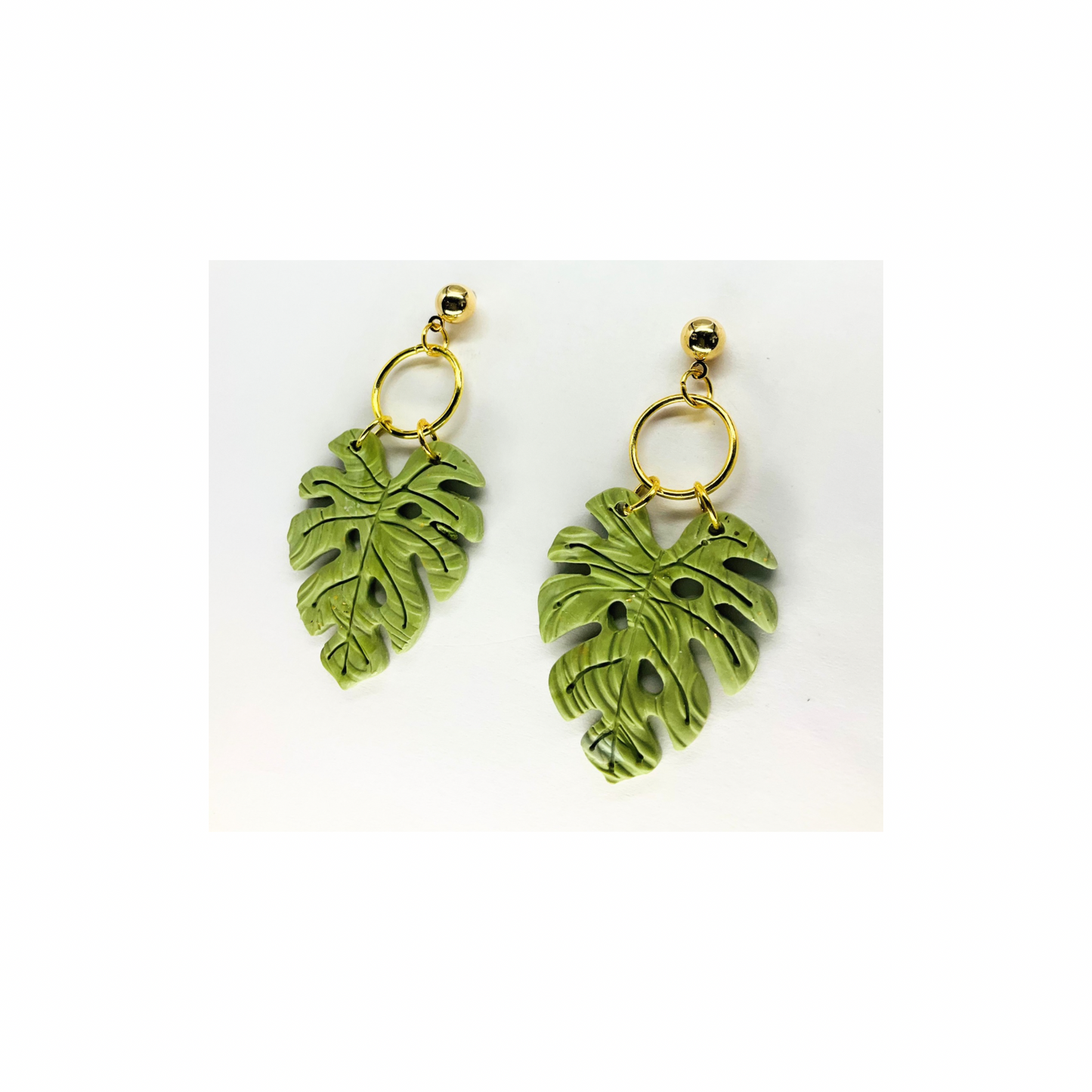 Green Leaf Dangle with Gold Ball Stud Earring-Crafting By BB