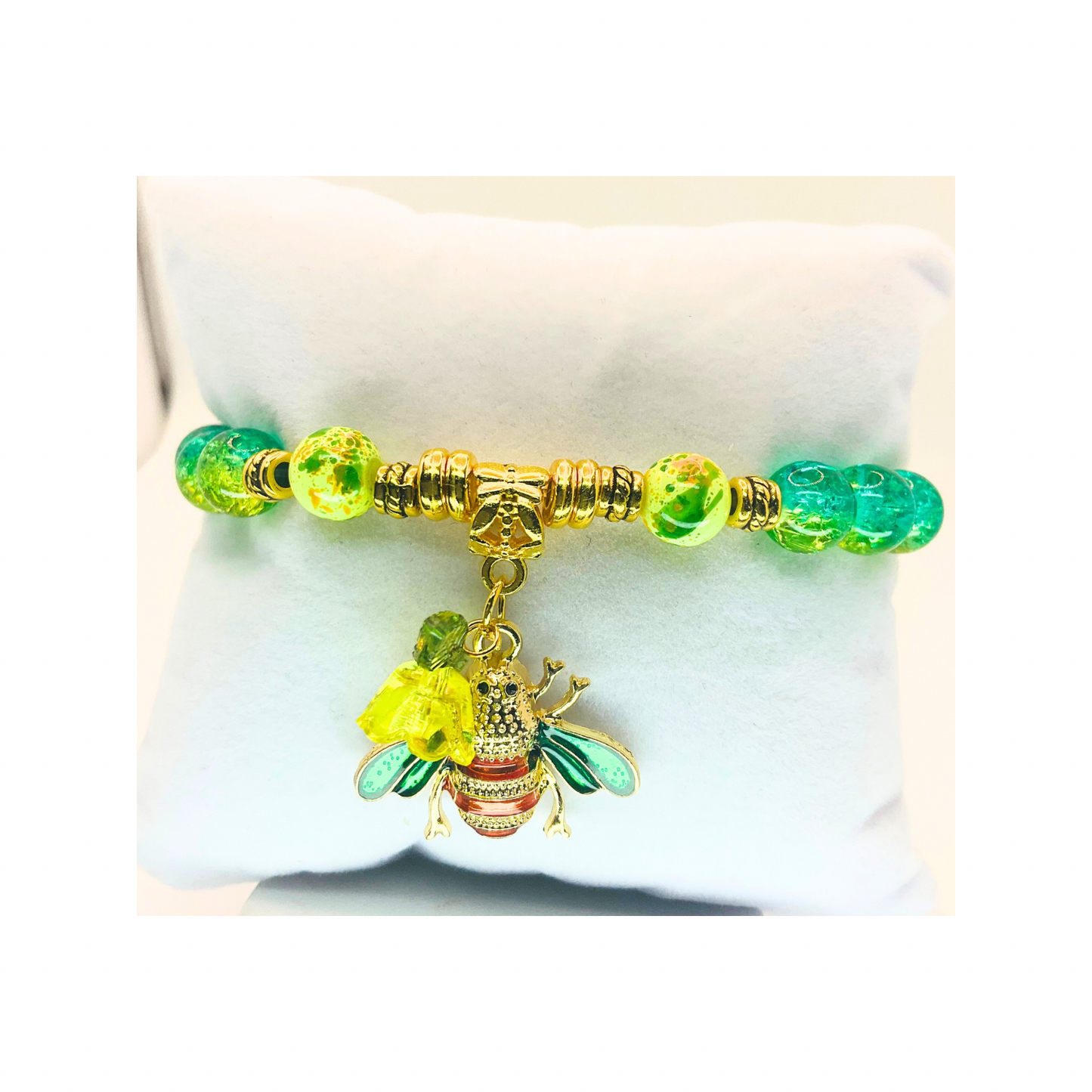Green Crystal and Gold Beaded Bracelet with Bee Charm-Crafting By BB