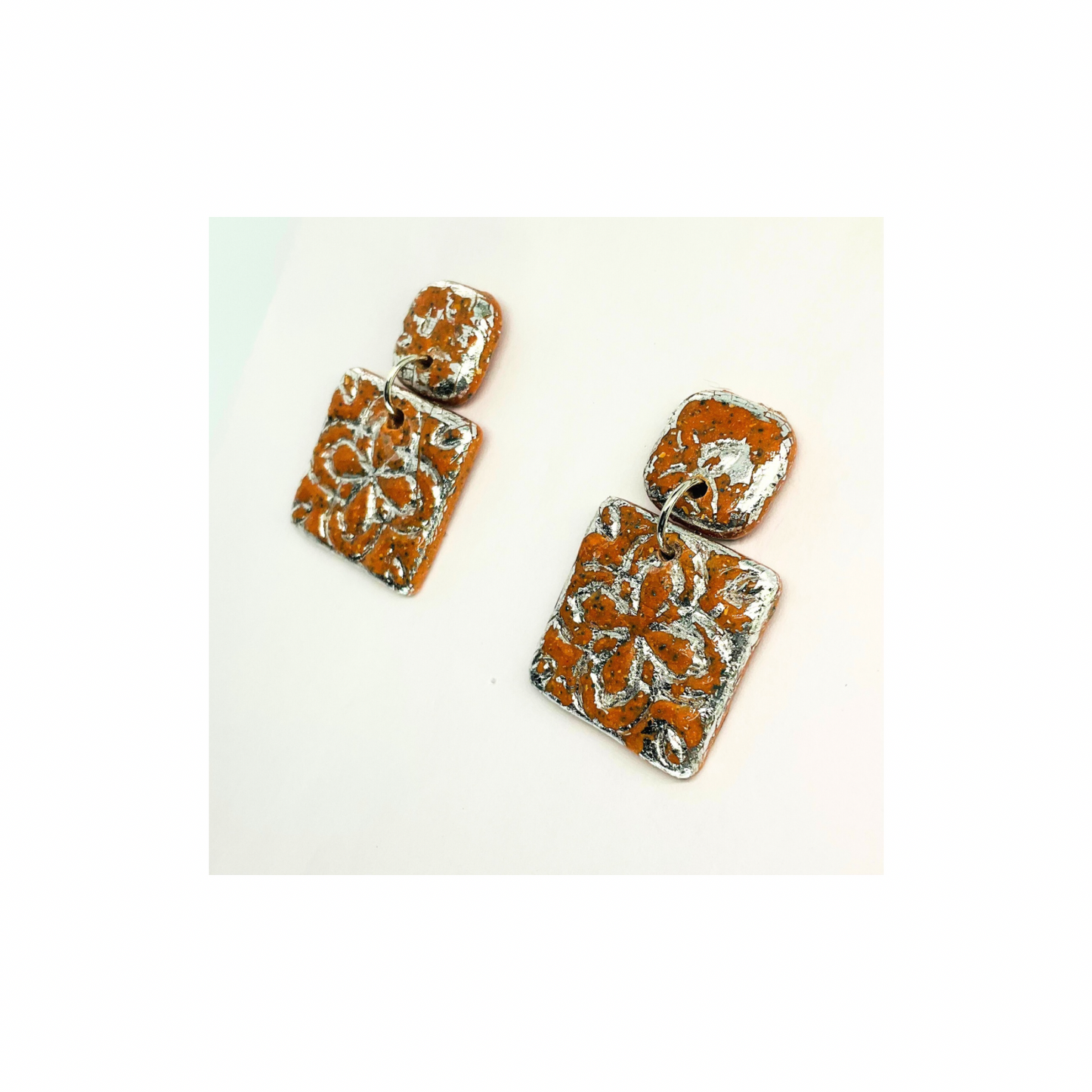 Terracotta Tile Stud Earrings for Women - Square Design with Orange and Silver Patterns Elegant Everyday Wear Jewelry