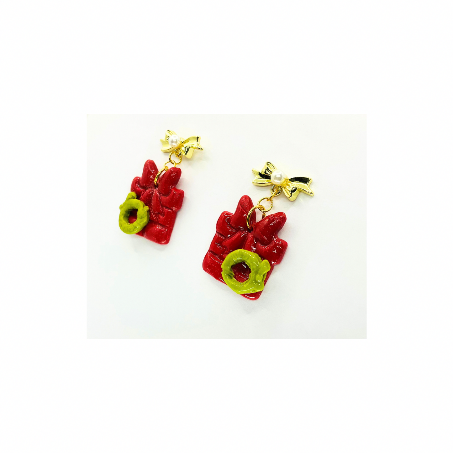 Christmas Gift Earrings: Red Present with Gold Bow, Holiday Dangles