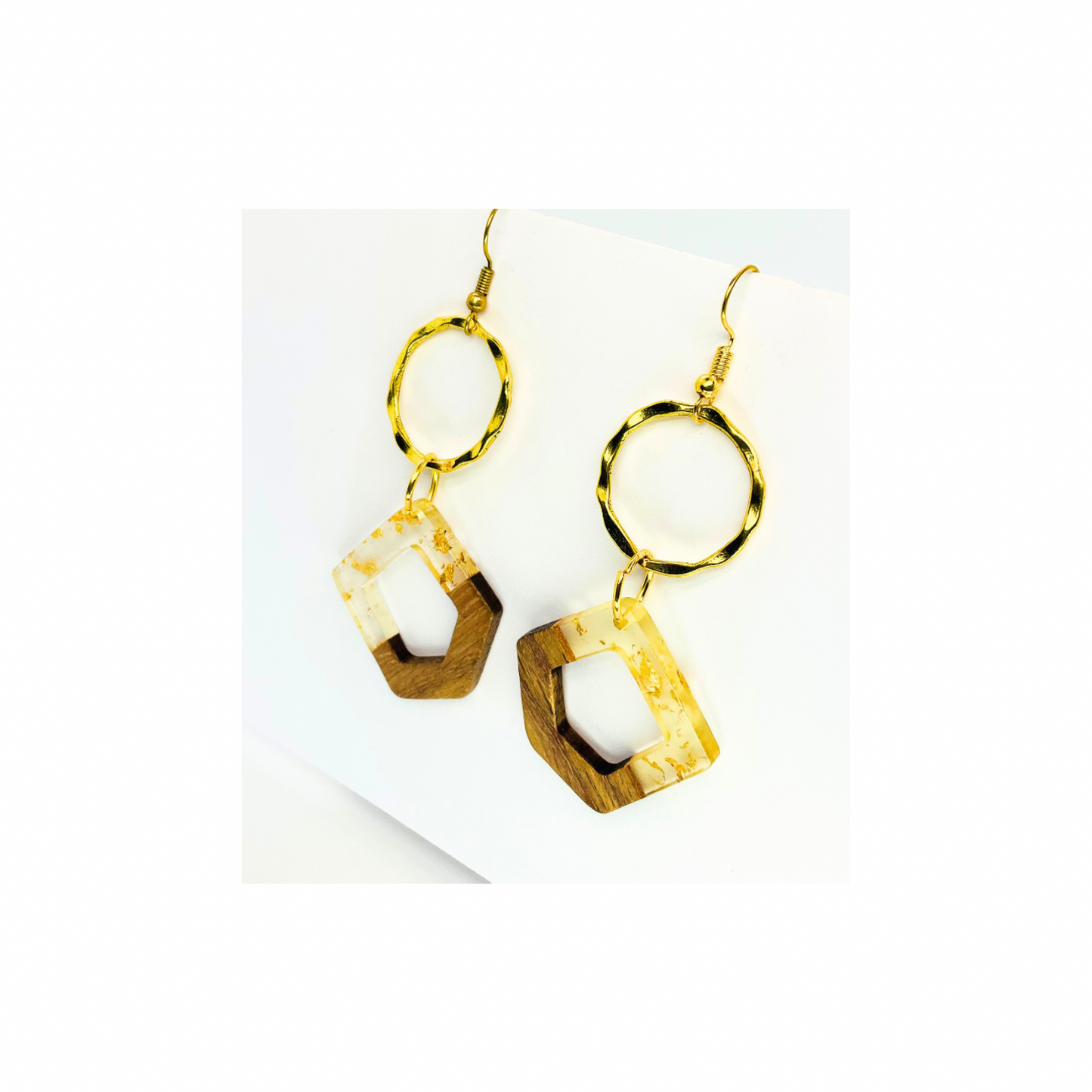 Boho Wood Collection Dangle Earrings - Gold-Tone Geometric Design with Circular Hoops and Square Pendants