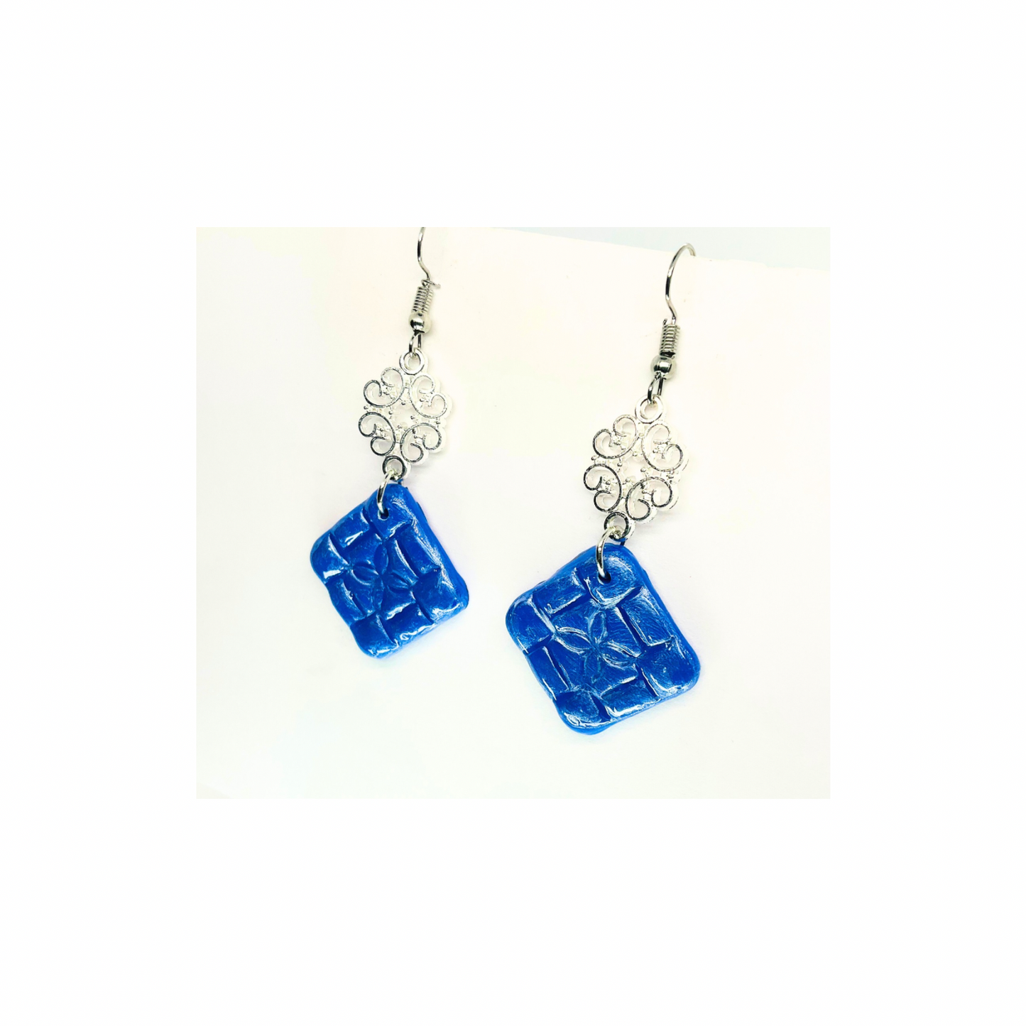Blue Tile 133 with Silver Charm Dangle Earrings - Square Design & Blue Color Only