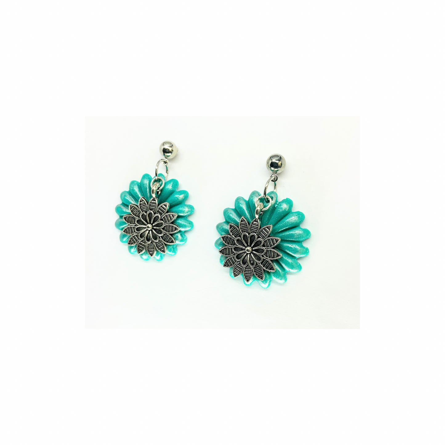 Turquoise Flower Dangle with Silver Flower Charm on Ball Silver Ball Stud Earrings-Crafting By BB