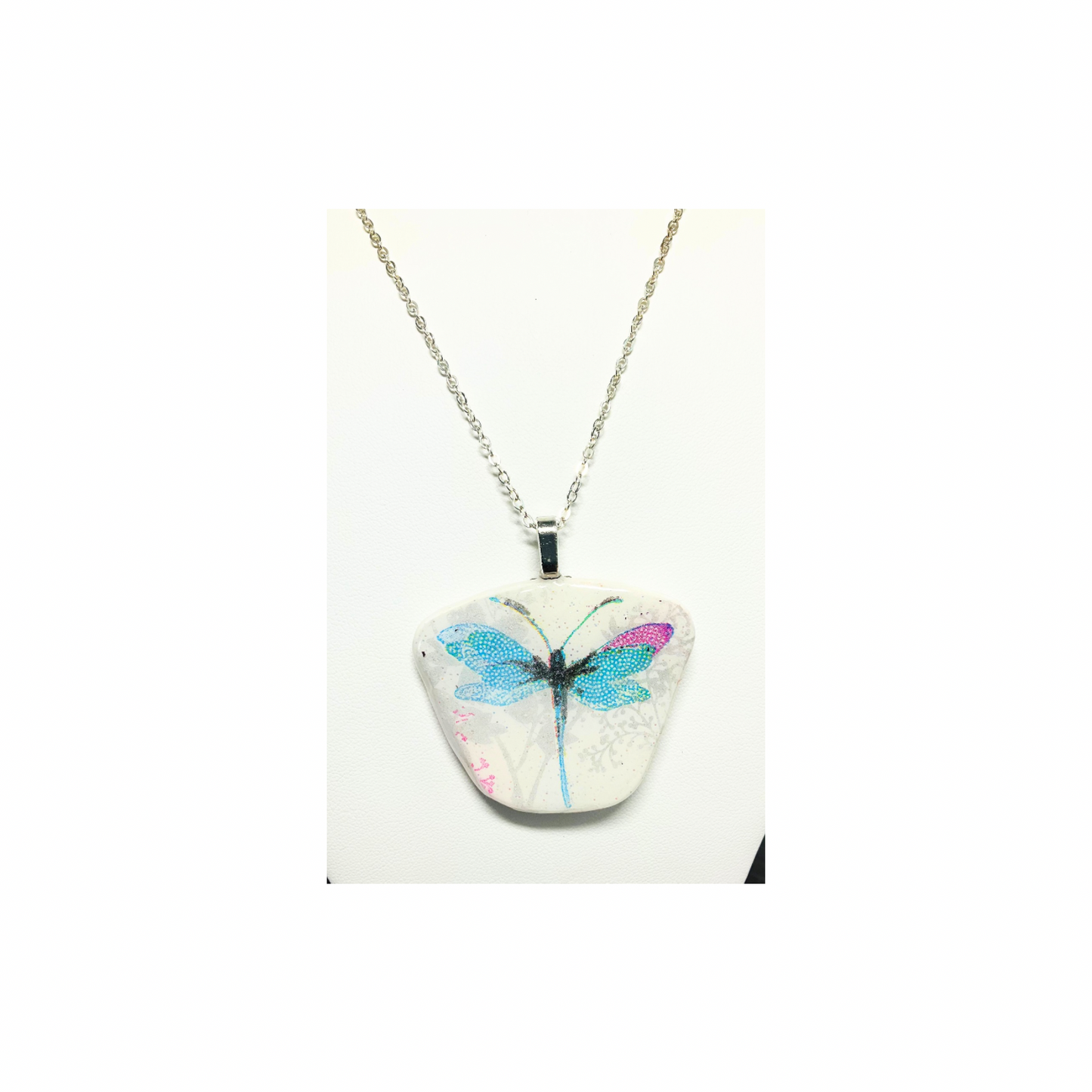 Dragonfly Blue and Pink Pendant Necklace 18-inch Silver Chain Necklace with Colorful Dragonfly Design