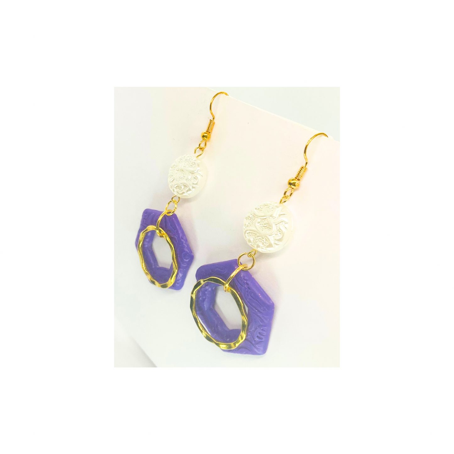 Deep Purple Hexagon and Gold with Pearl Bead Dangle Earring - Unique Design Earrings with Geometric Shapes