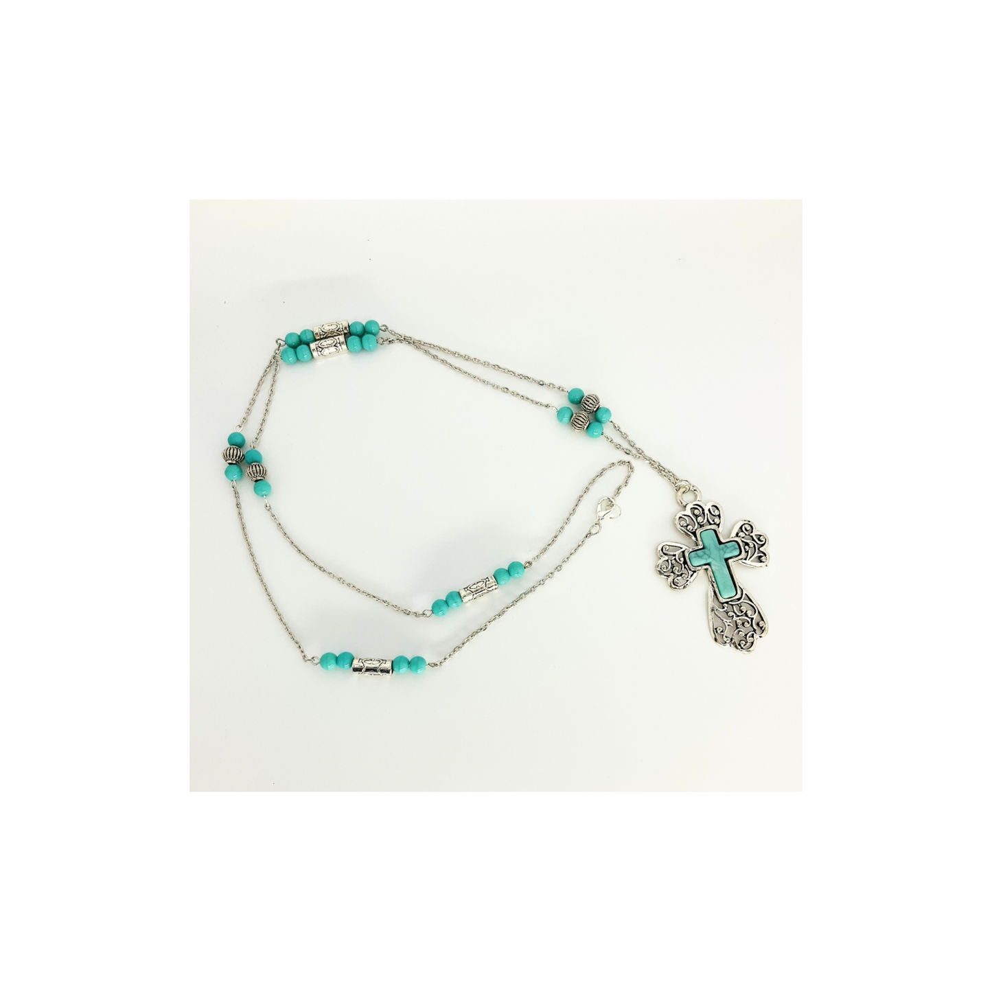 Long Turquoise and Silver Cross Necklace|Drop Length 18-inch|Crafting By BB