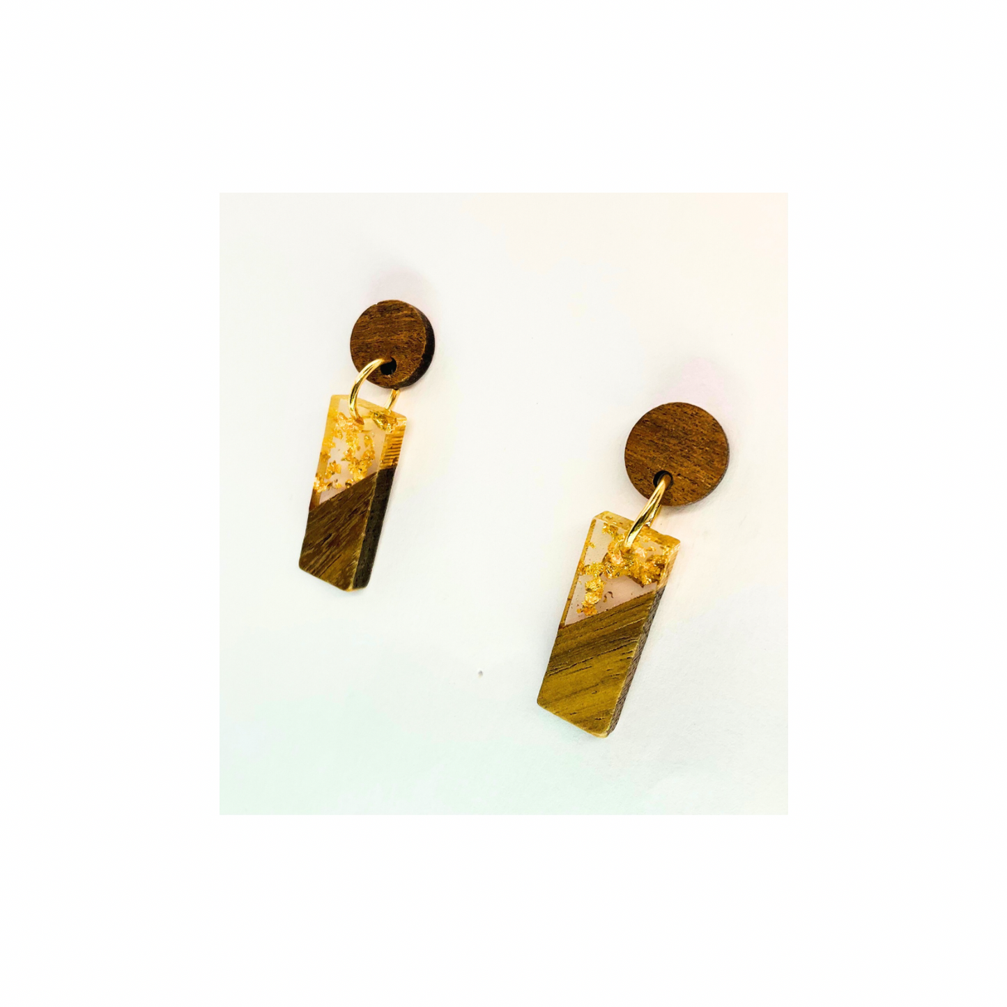 Boho Wood Collection Short Drop Rectangle Stud Earrings with Gold Accents and Wooden Discs