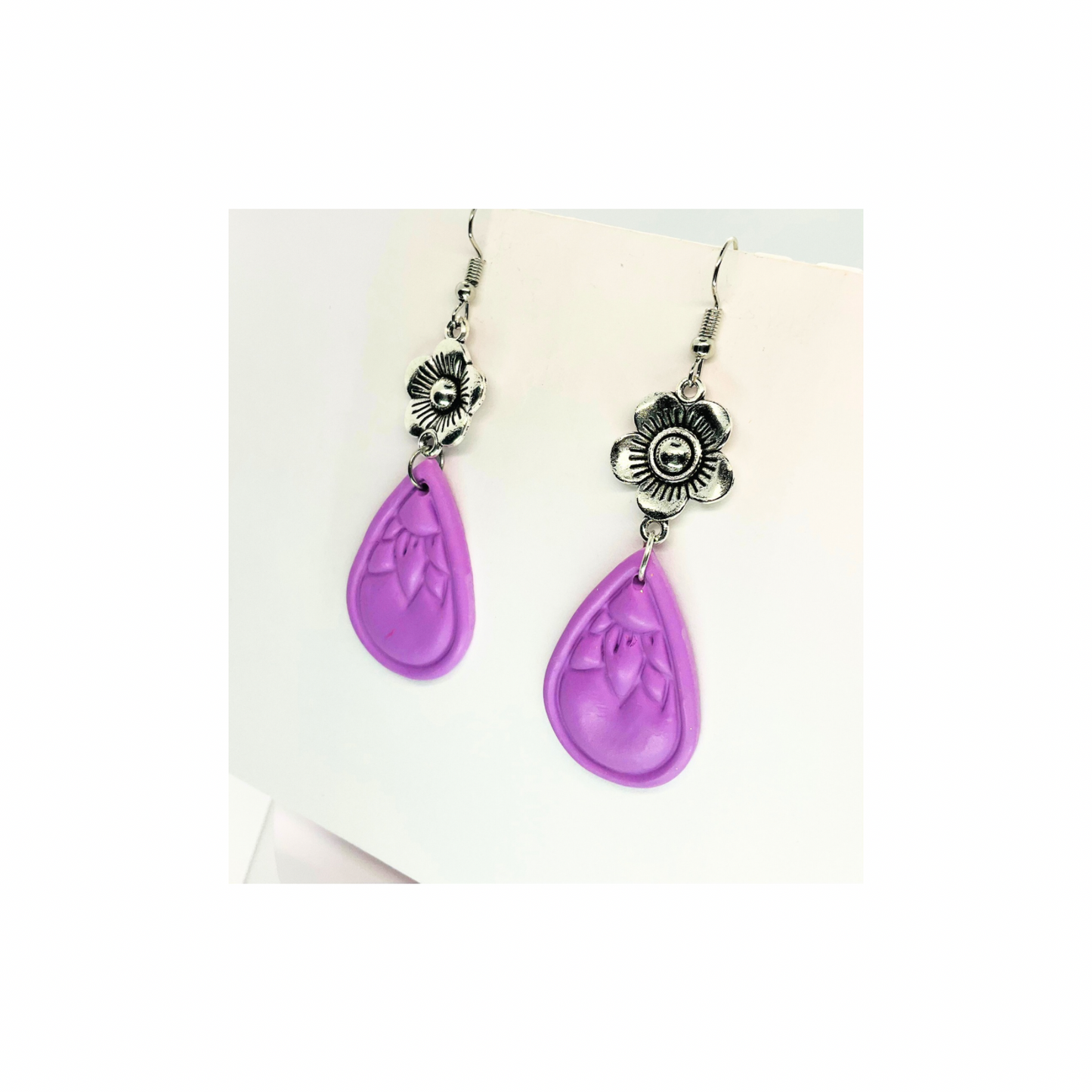 Purple Sunflower Teardrop Silver Flower Dangle Earrings with Unique Design and Colorful Teardrop Shape