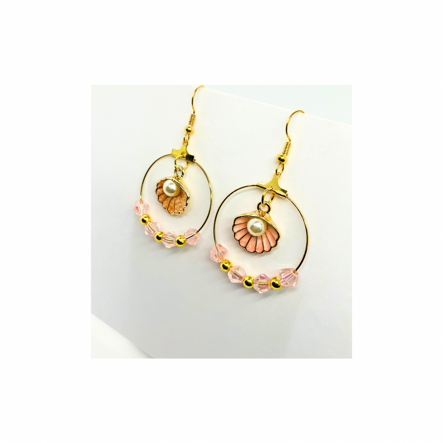 Pink Shell Collection Round Crystal Beads with Shell Dangle Earring for Female Fashion Jewelry Accessories