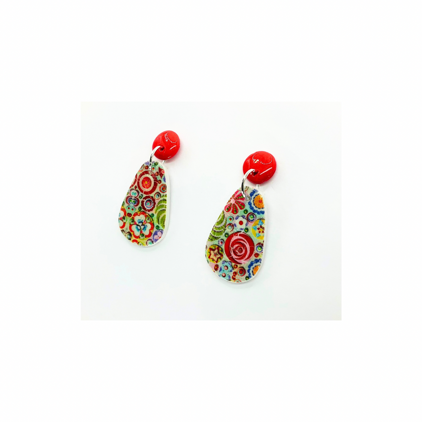 Whimsical Red and Green Dangle Earrings with Red Button Stud