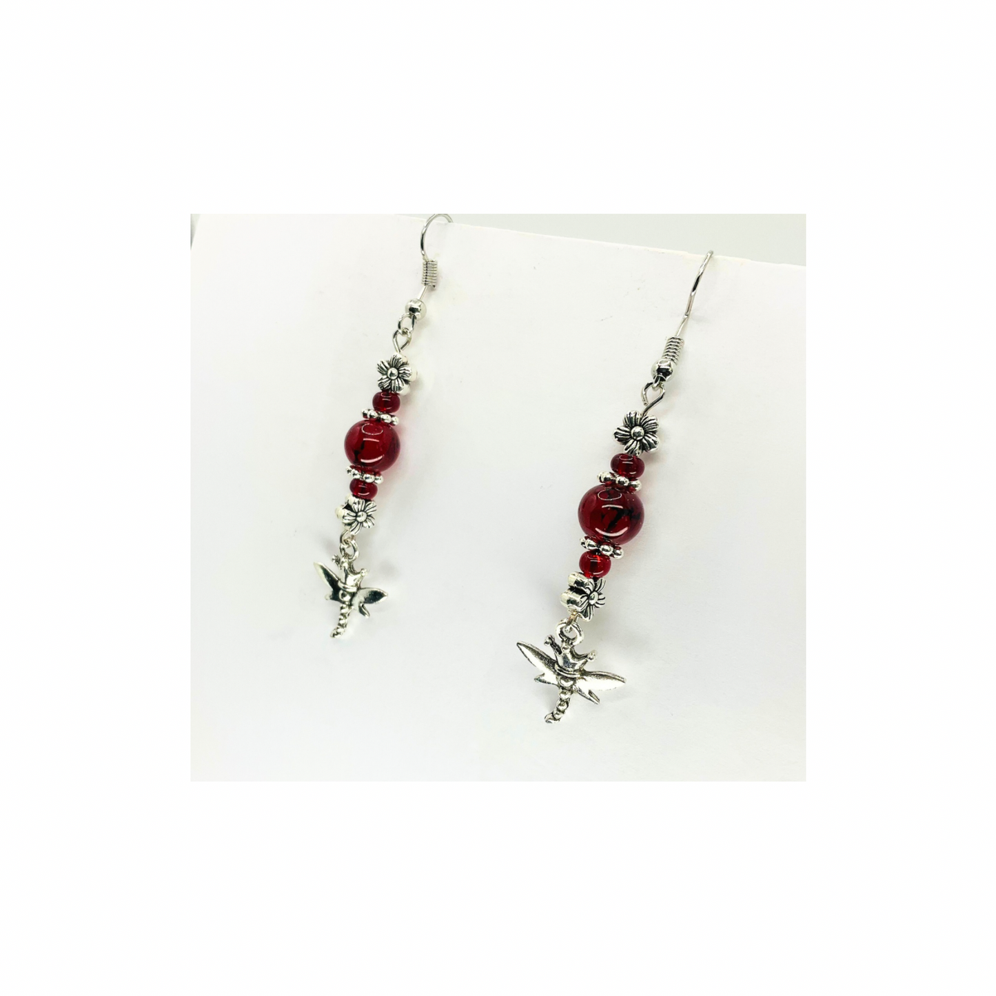 Red Crystal Glass Bead Dangle with Silver Dragonfly