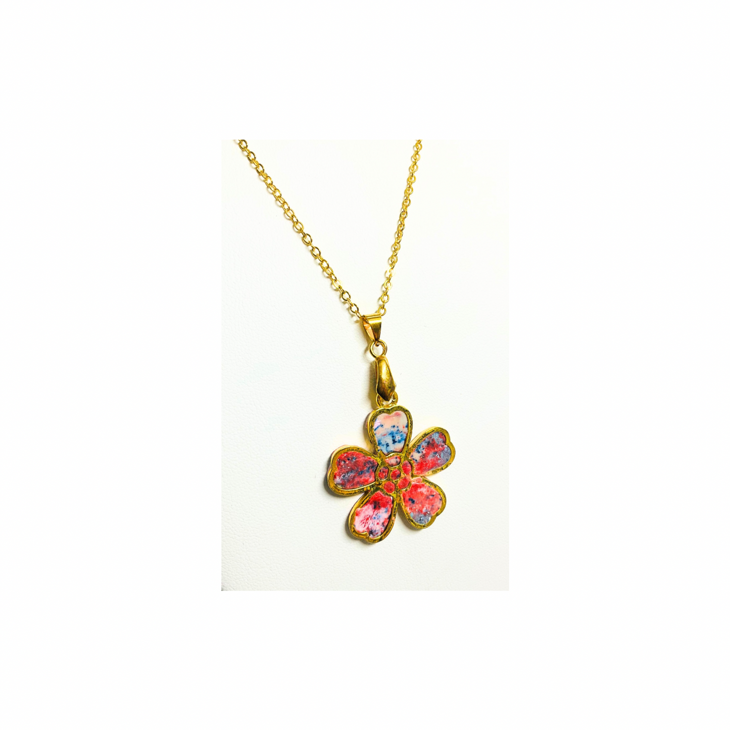 Tie Dye Gold Flower Pendant Necklace in Polymer Clay with 18-Inch Chain - Unique & Quality Crafted Jewelry