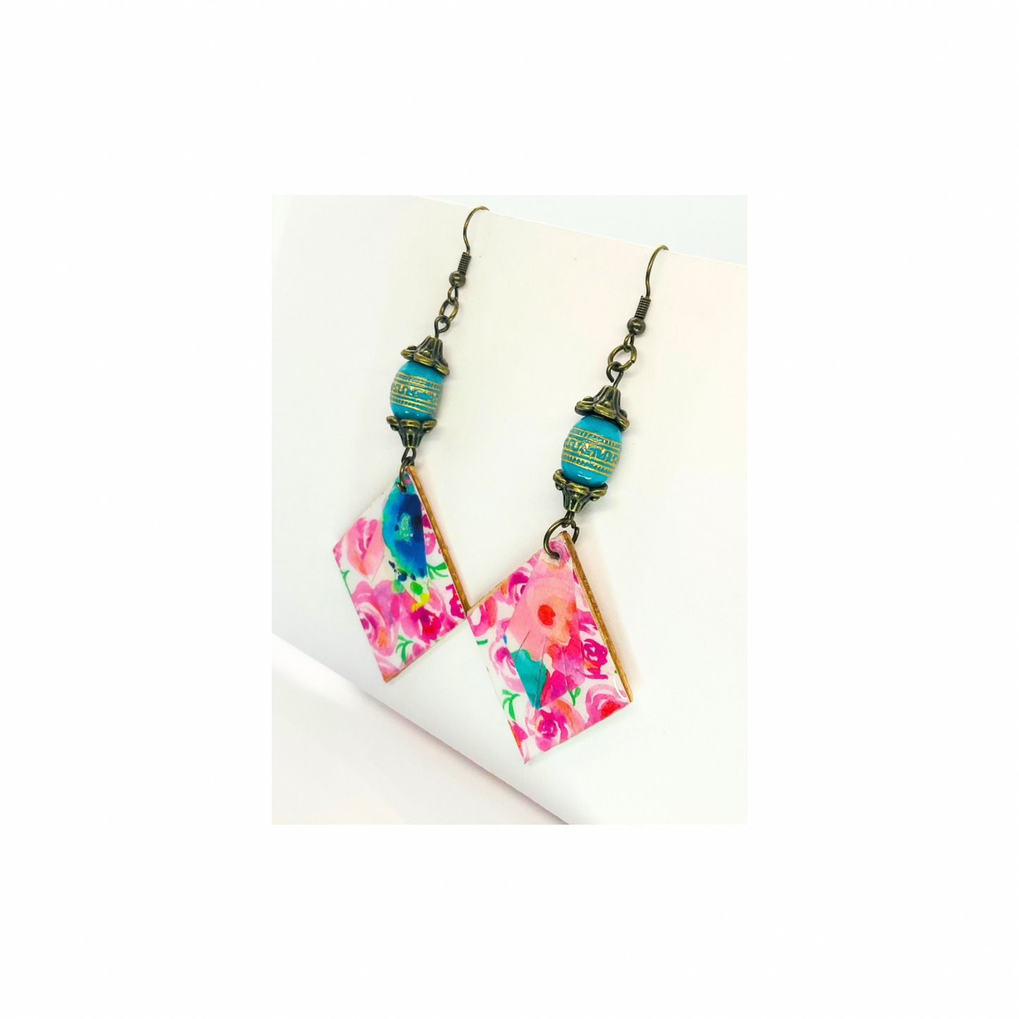 Boho Wood Floral Dangle Earring Handcrafted Turquoise Bead & Wooden Diamond Shape Earrings