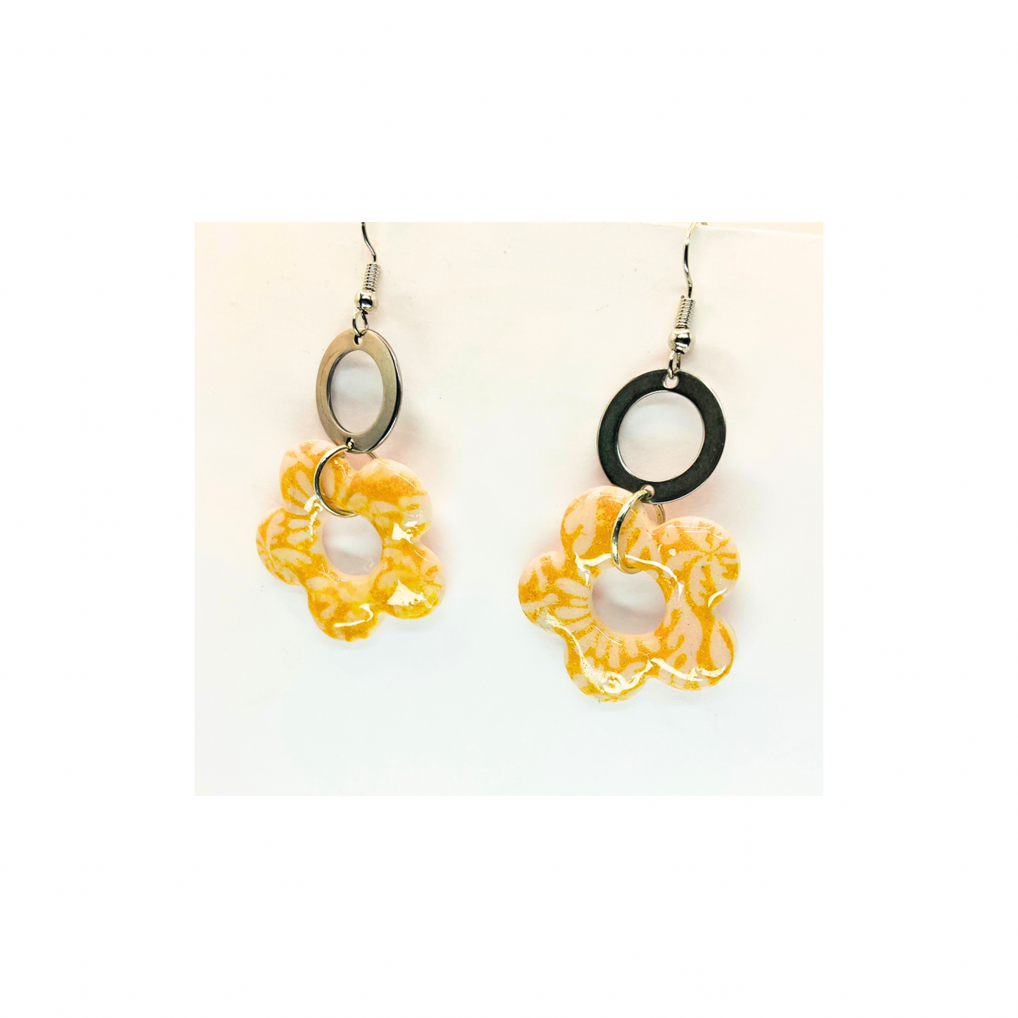 Beach Bloom Collection Yellow Flower Dangle with Silver Circle Earrings