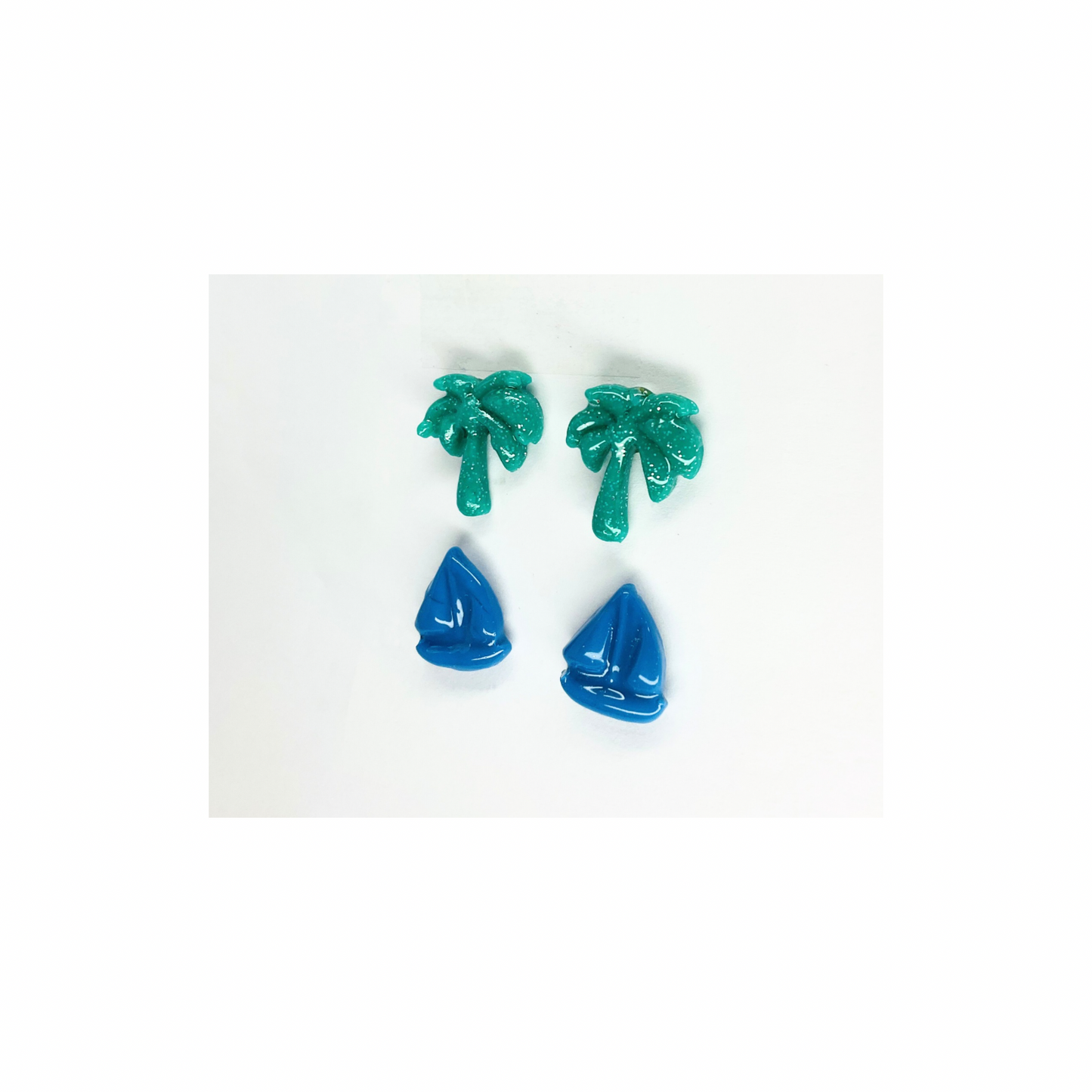 Blue Sailboatand Green Palm Tree Stud Earrings-Crafting By BB