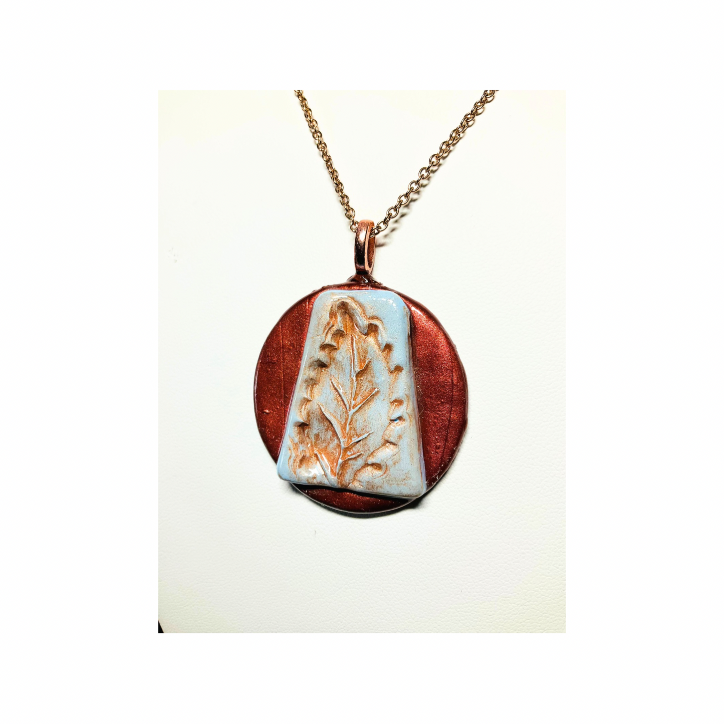 Layered Copper and Blue Leaf Stamped Pendant with  Bronze Chain Necklace