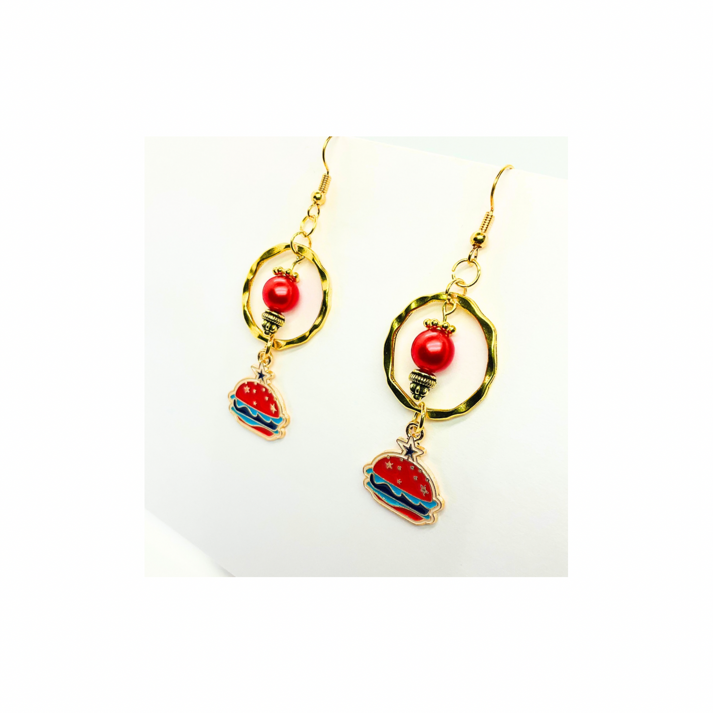 Patriotic Collection Gold Circle with Hamburger Charm Dangle Earrings