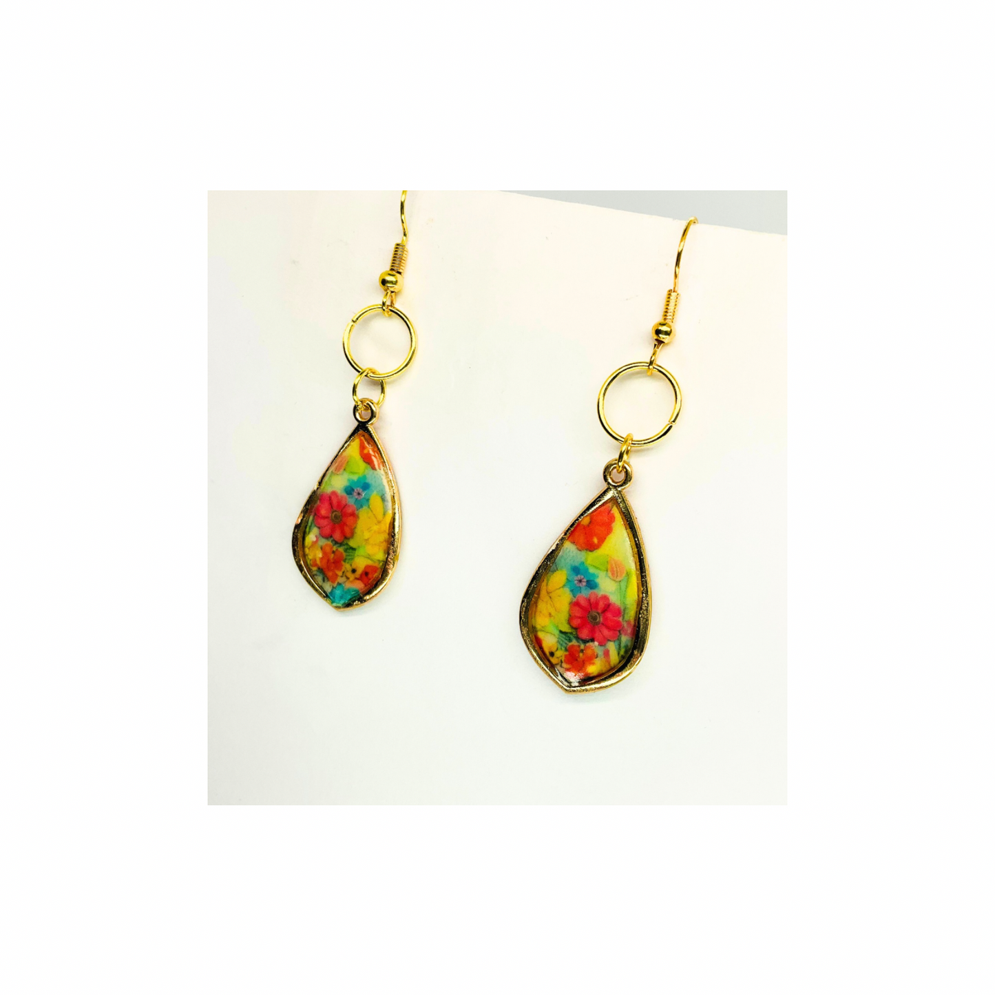 French Garden Collection Gold Teardrop Floral Dangle Earring with Vibrant Multicolor Flowers and Elegant Gold Finish