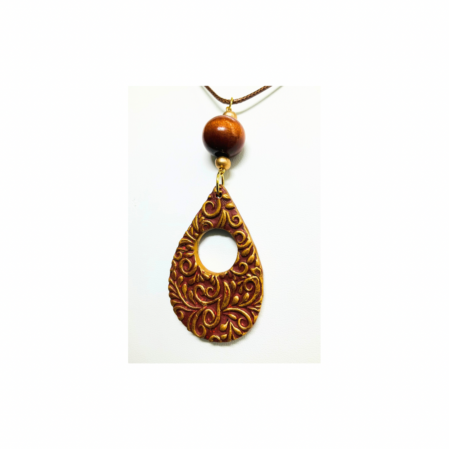 Sienna and Gold Teardrop Pendant with Beads on 18-inch PU Leather Necklace - Elegant Design Jewelry