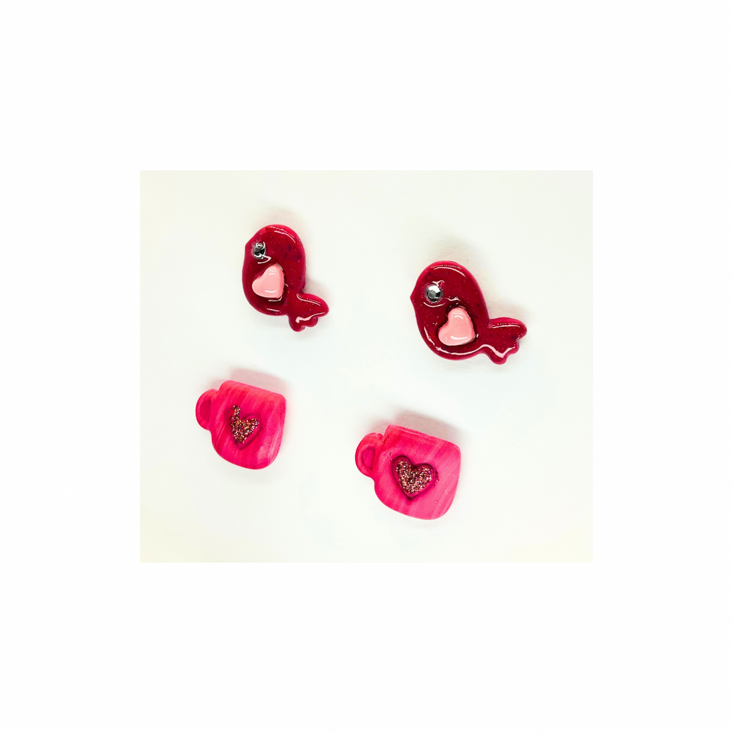 Pink Heart Birdie and Pink Cup Stud Earrings-Crafting By BB