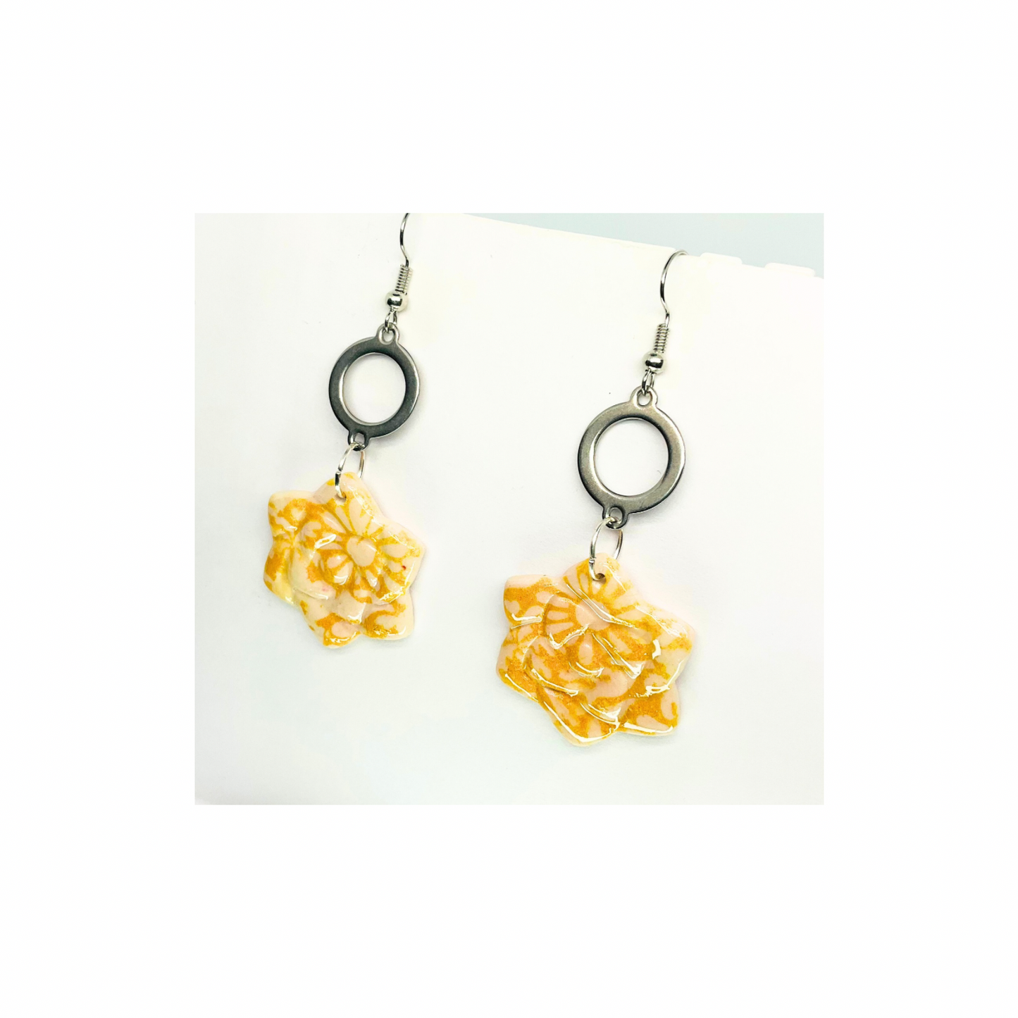 Beach Bloom Collection Yellow Star Shape Dangle Earrings with Floral Design and Silver Rings