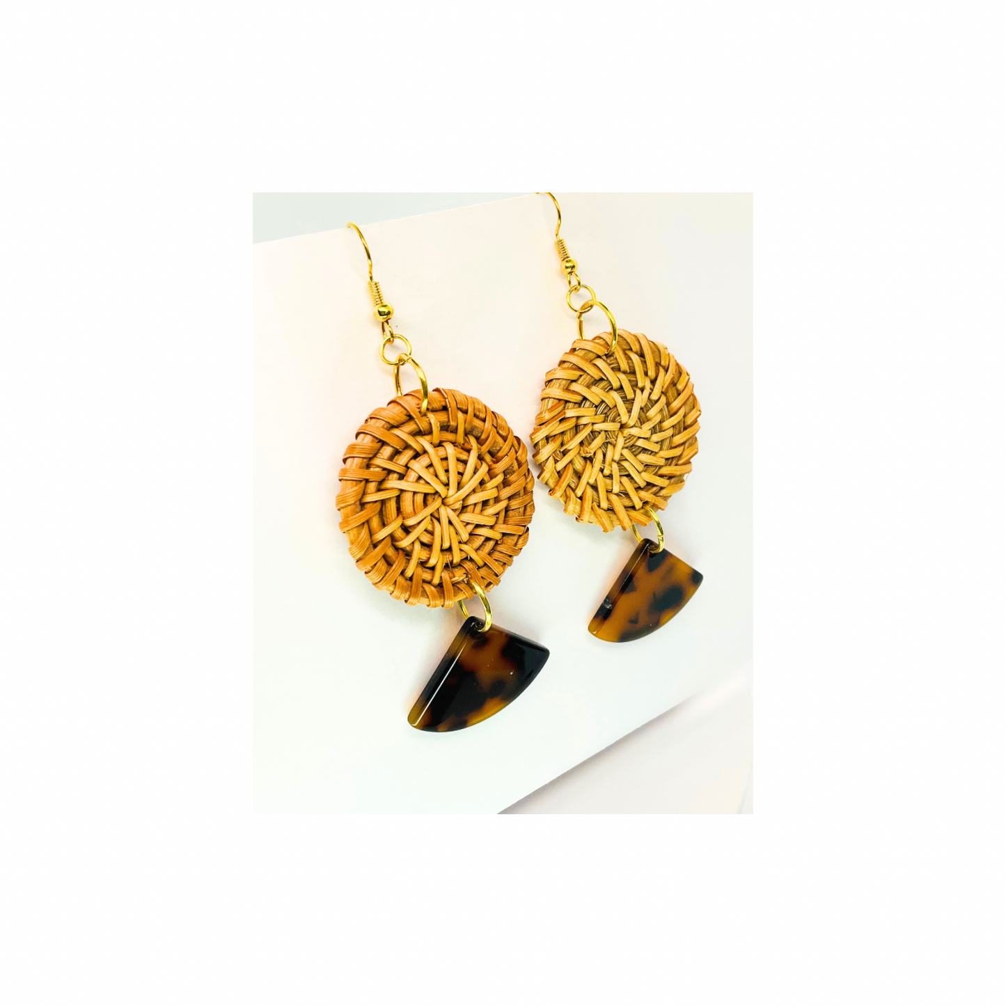 BOHO Collection Rattan Circle with Fan Tortoise Dangle Earrings - Unique Design & Natural Material Earrings