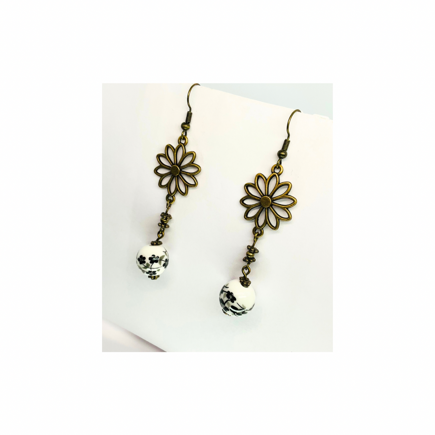 Porcelain Bead Collection Daisy Bronze Dangle Earrings with Floral Design and Porcelain Beads