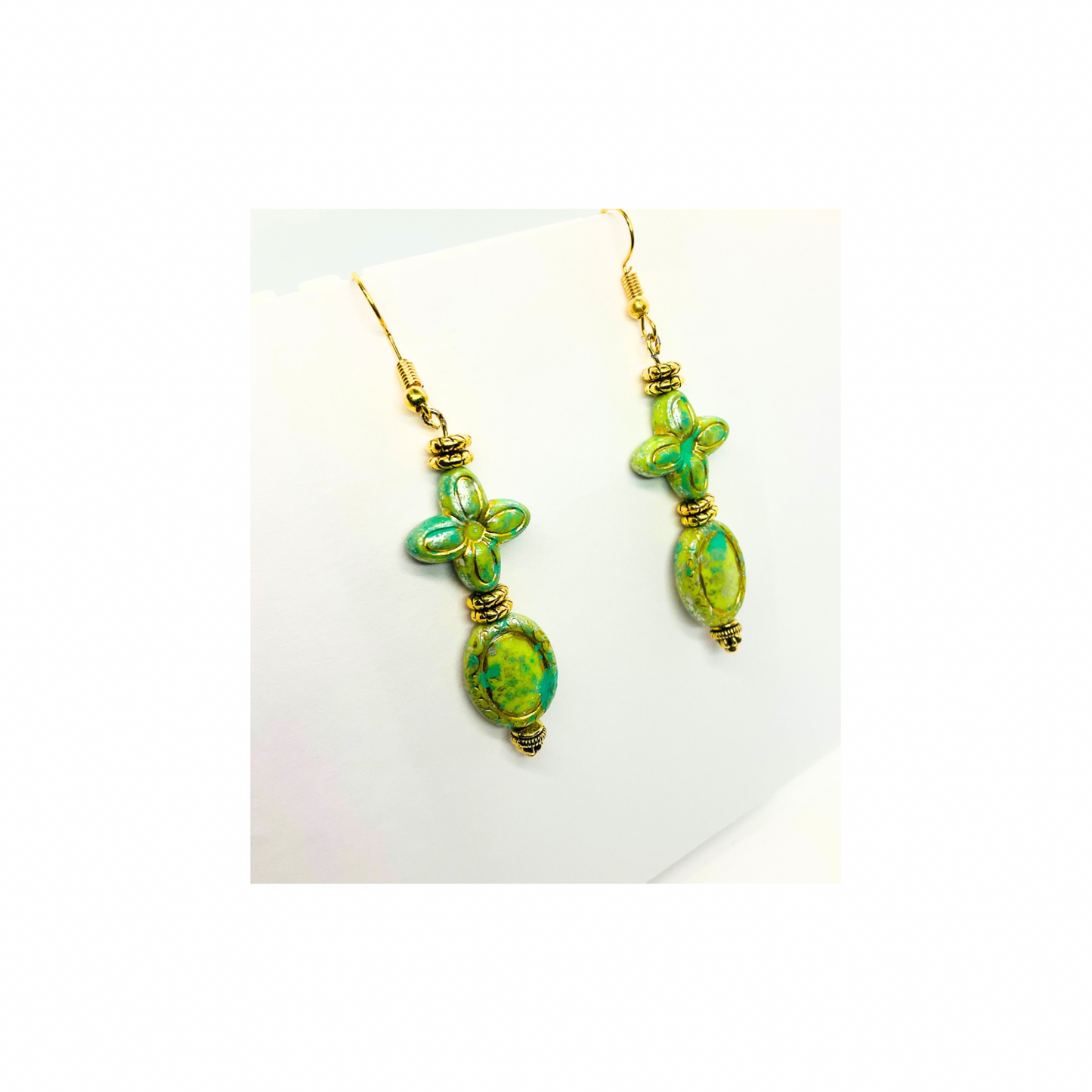 Green and Gold Czech Acrylic Vintage Blossom Bead Earrings