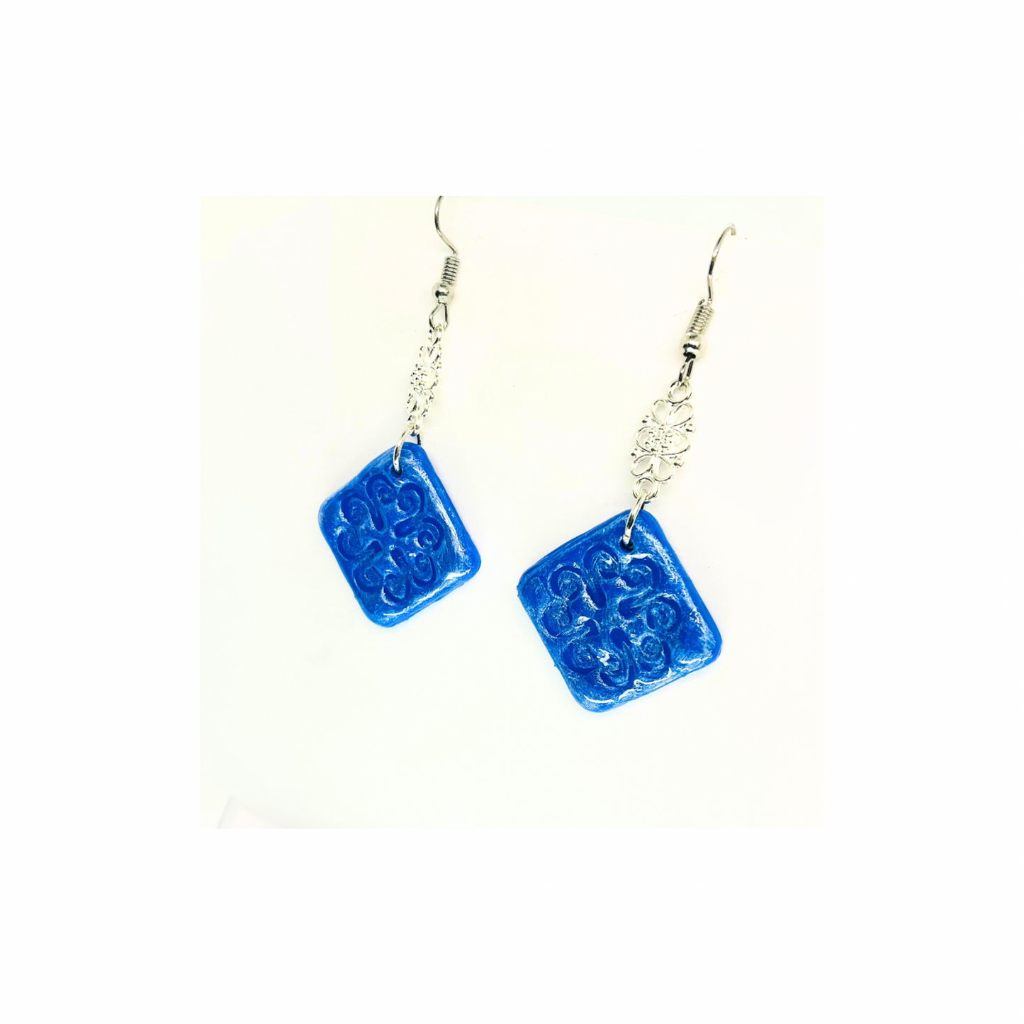 Blue Tile 131 with Silver Charm Dangle Earrings - Unique Design Jewelry Piece