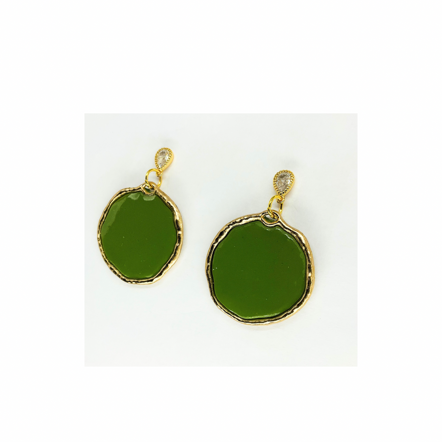 Olive Green and Gold Circle Dangle with Teardrop Rhinestone Stud Earrings-Crafting By BB