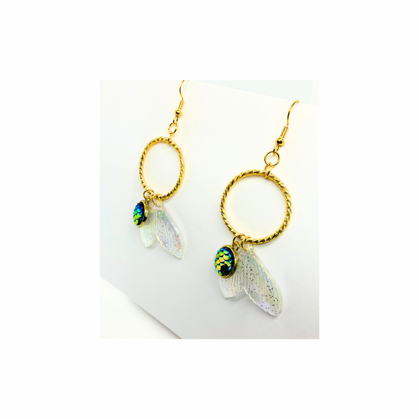 Mermaid Collection Iridescent Tail with Charm Dangle Earrings Sparkling Gold Hoop Design for Fantasy Enthusiasts