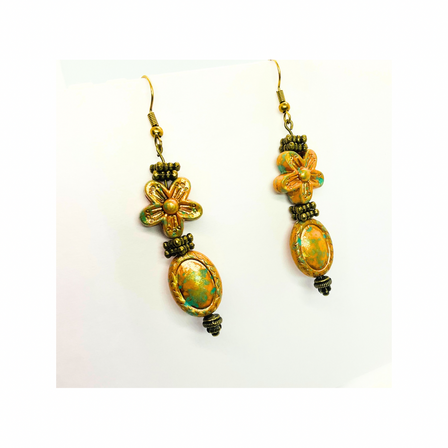 Gold Patina Czech Acrylic Blossom Beaded Earrings