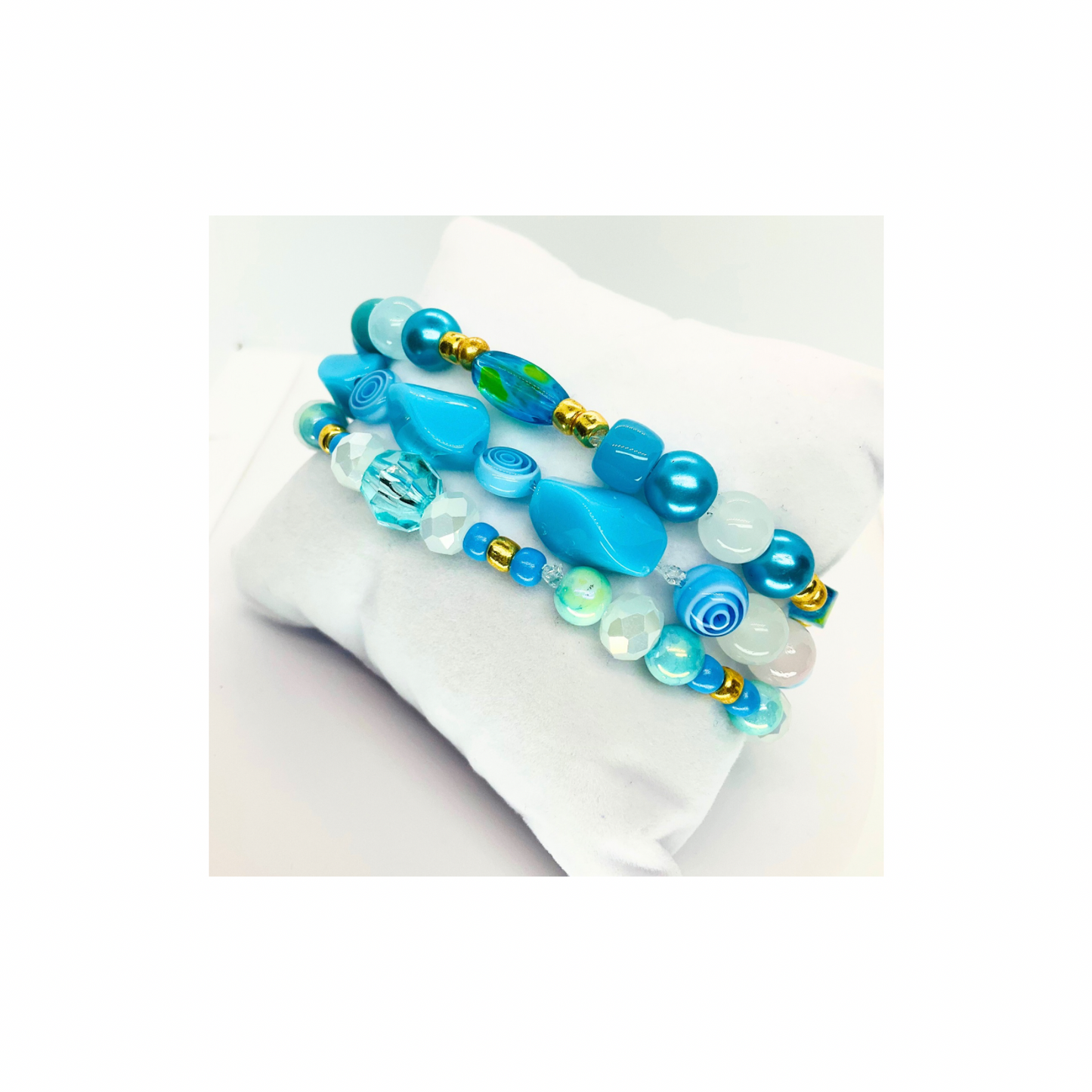 Turquoise Blue and Gold Stacked Stretch Bracelet Set of Three with Beaded Design and Gold Accents
