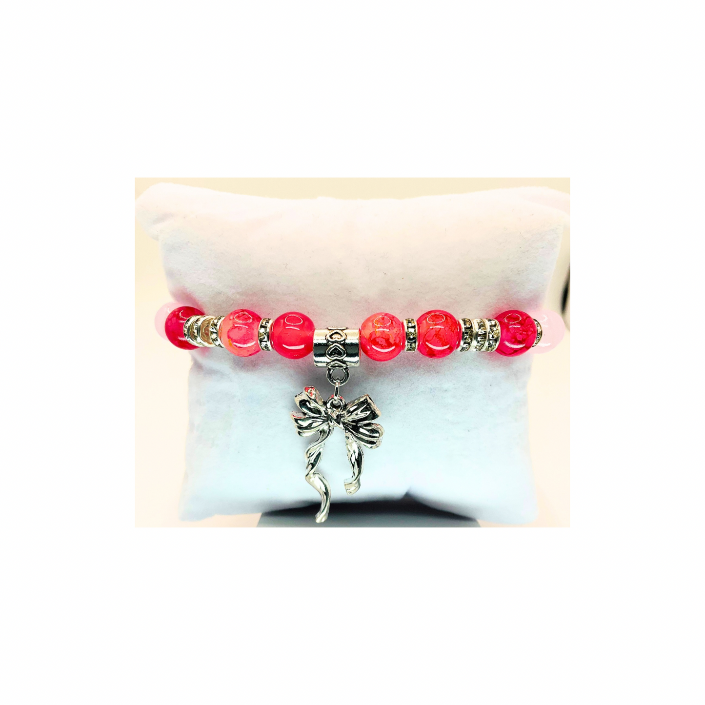 Pink and Silver Beaded Stretch Bracelet with Silver Bow Charm-Crafting By BB