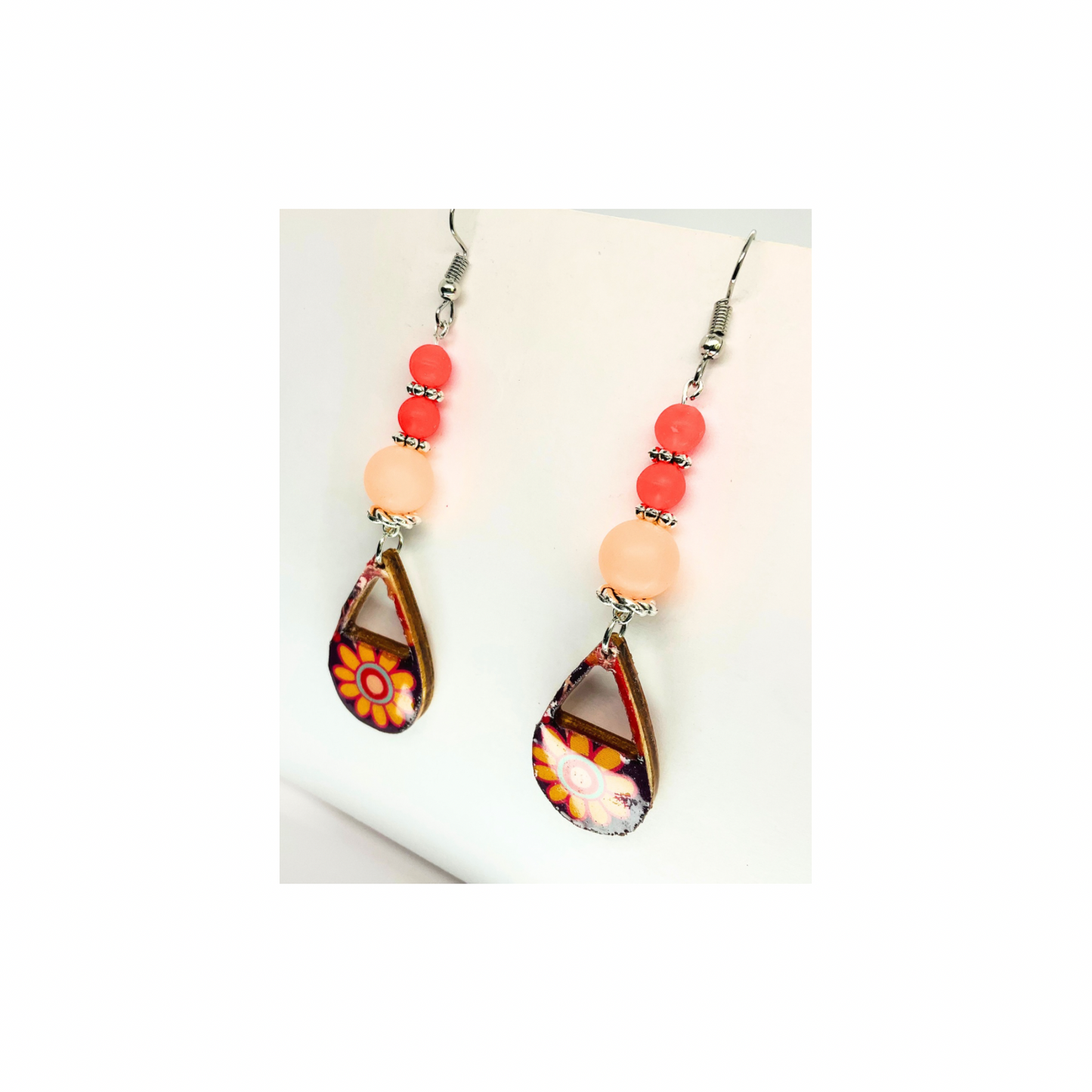 Bohemian Style Dangle Earring Handmade Wood Teardrop Decoupage Retro Paper Beads Orange & Silver Ear Wire Unique Artisan Jewelry