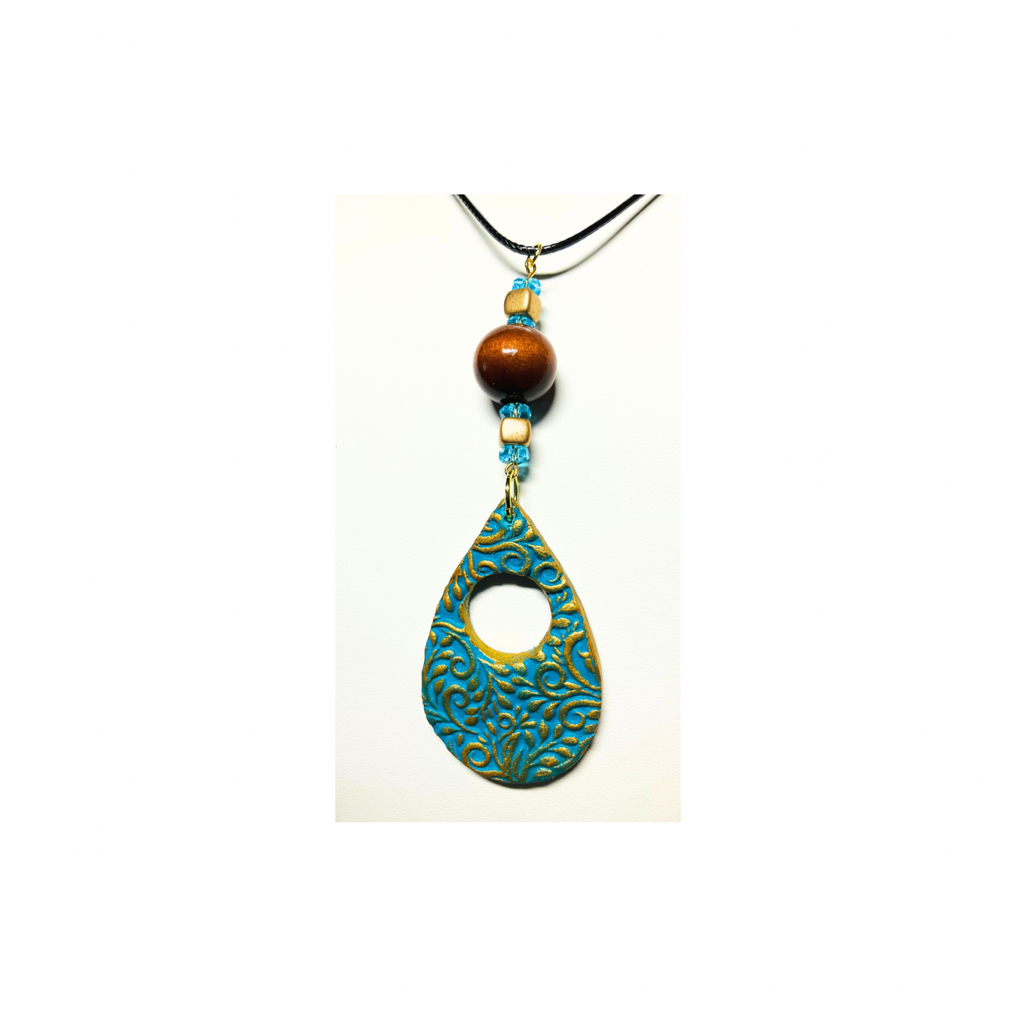 Turquoise and Gold Teardrop Pendant Beaded 18-inch PU Leather Necklace with Intricate Design and Beads