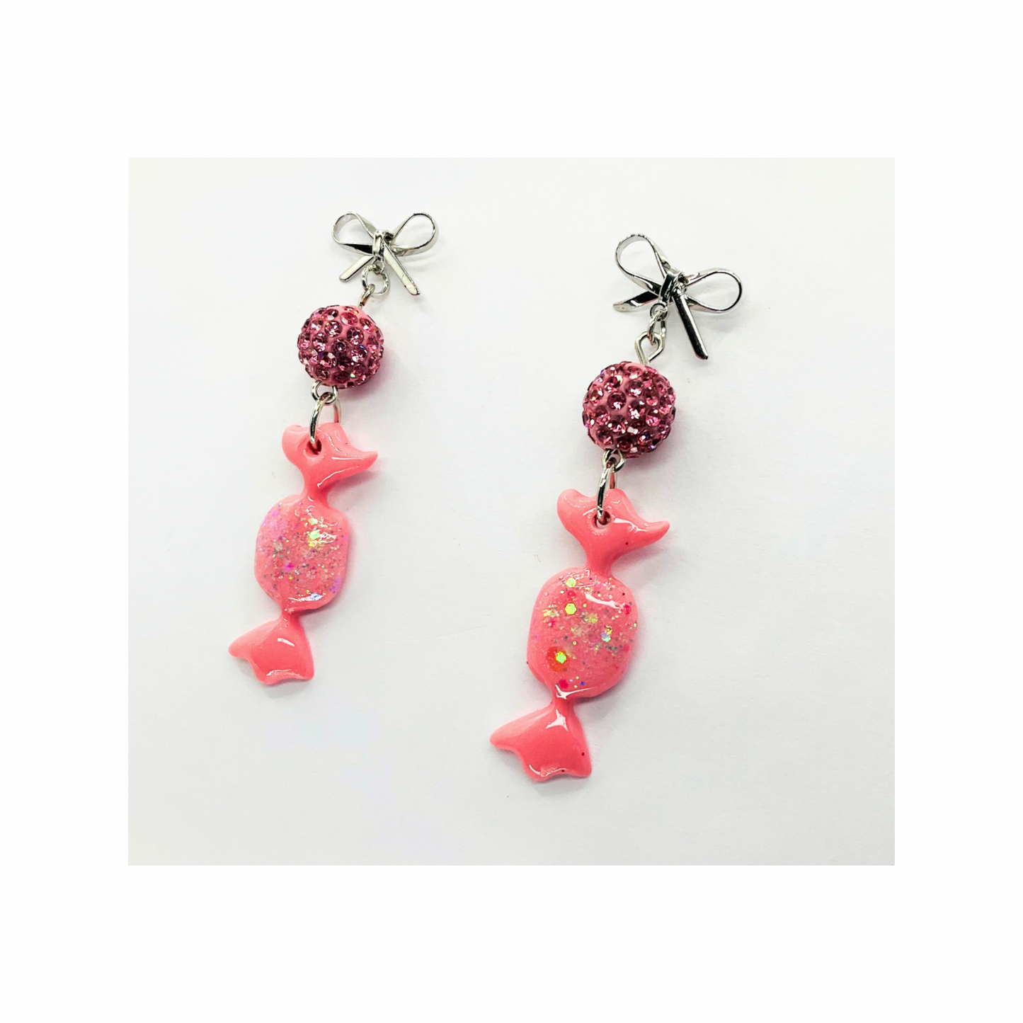 Pink Wrapped Candy Earrings with Sparkle Bead & Silver Stud Bow Dangle for Festive Wear