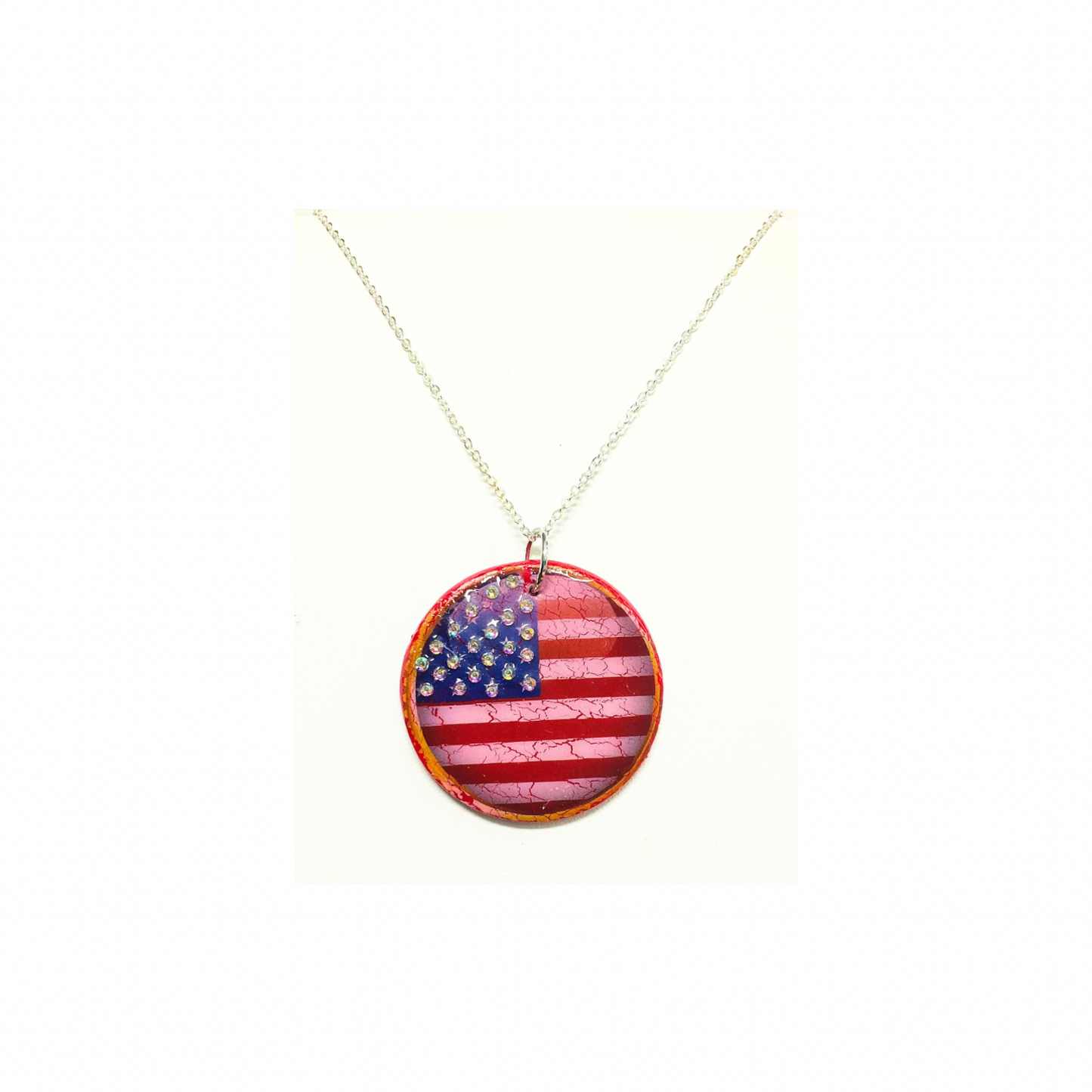 Patriotic Red White and Blue Round Pendant Necklace with Rhinestone Stars Handmade Polymer Clay UV Resin 18 Inch Silver Chain