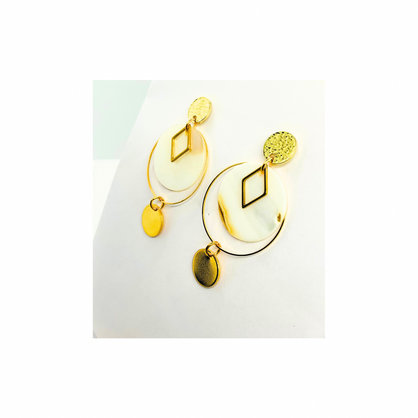 Spot Cream and Gold Collection Dangle Earrings for Female with Geometric Design and Circular Elements
