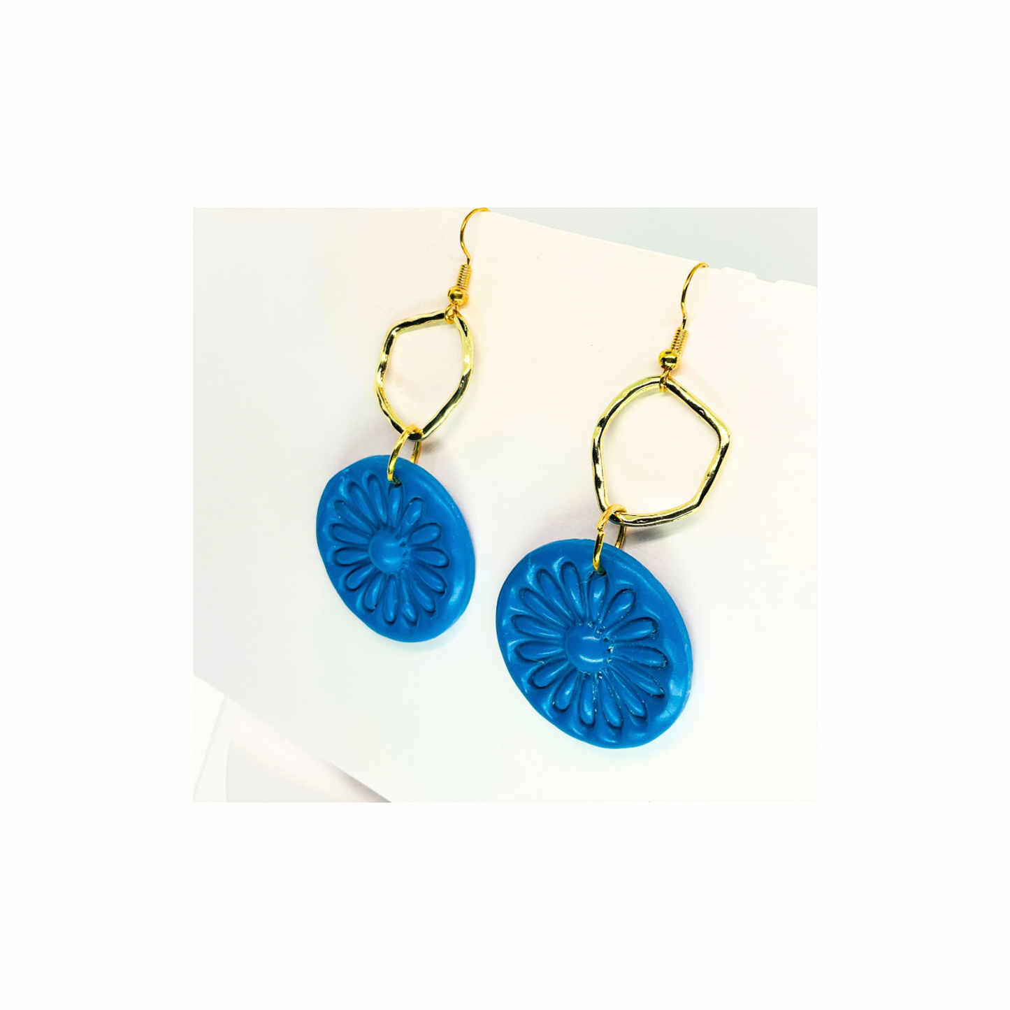 Blue Circle with Gold Accents Dangle Earrings - Unique Design Featuring Blue Circular Charms and Gold Accents