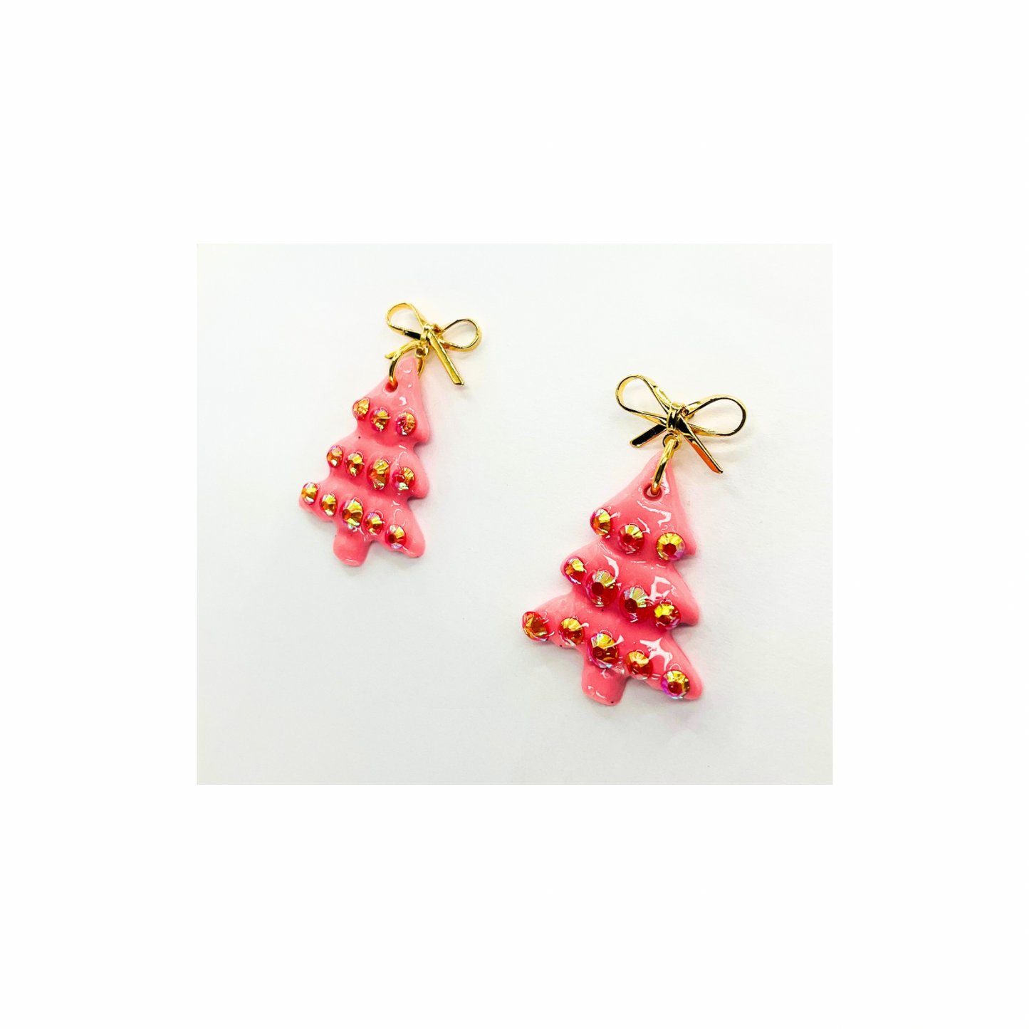 Pink Rhinestone Tree with Gold Bow Stud Dangle Earrings for Festive Wear