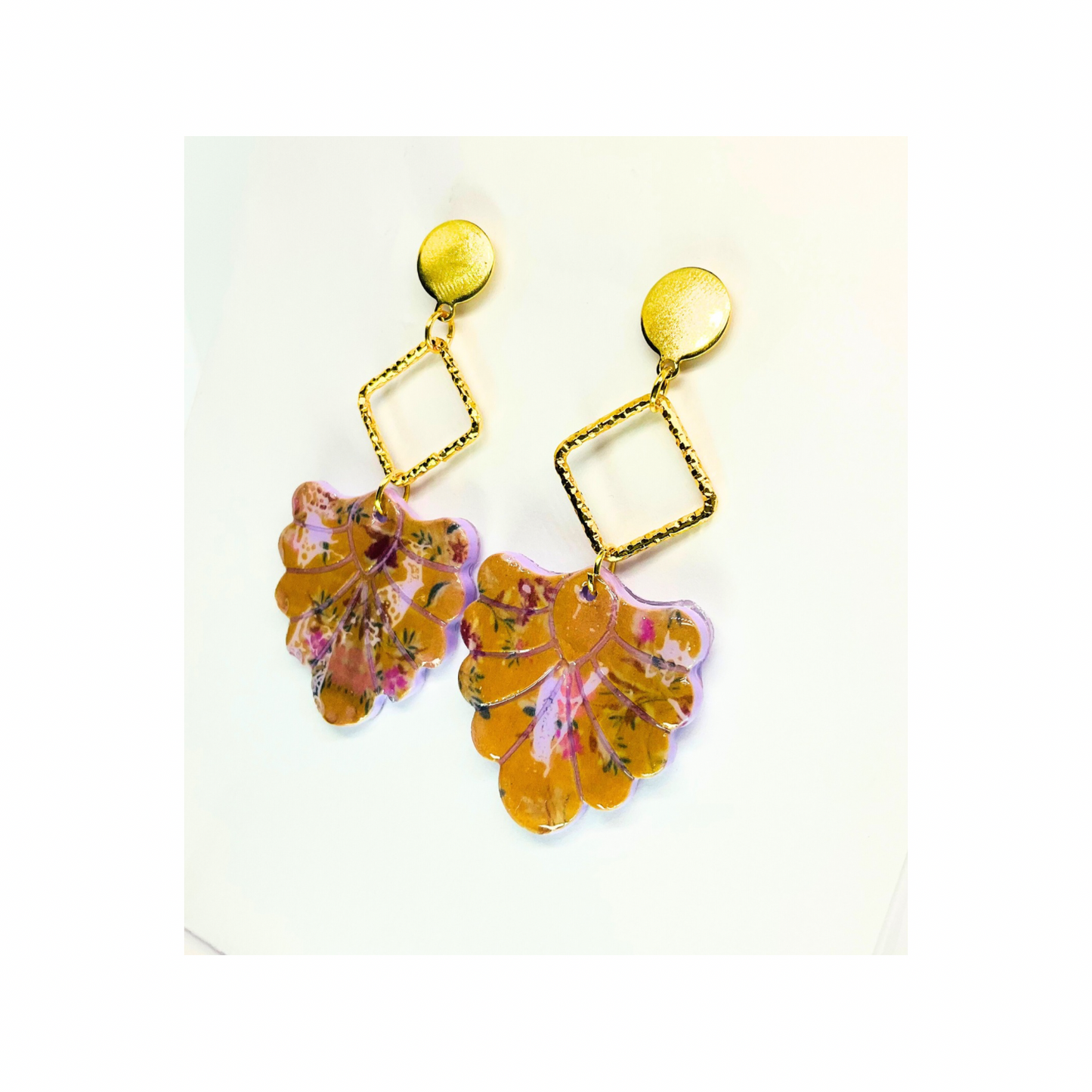 French Garden Beige and Purple Dangle with Gold Stud Earrings