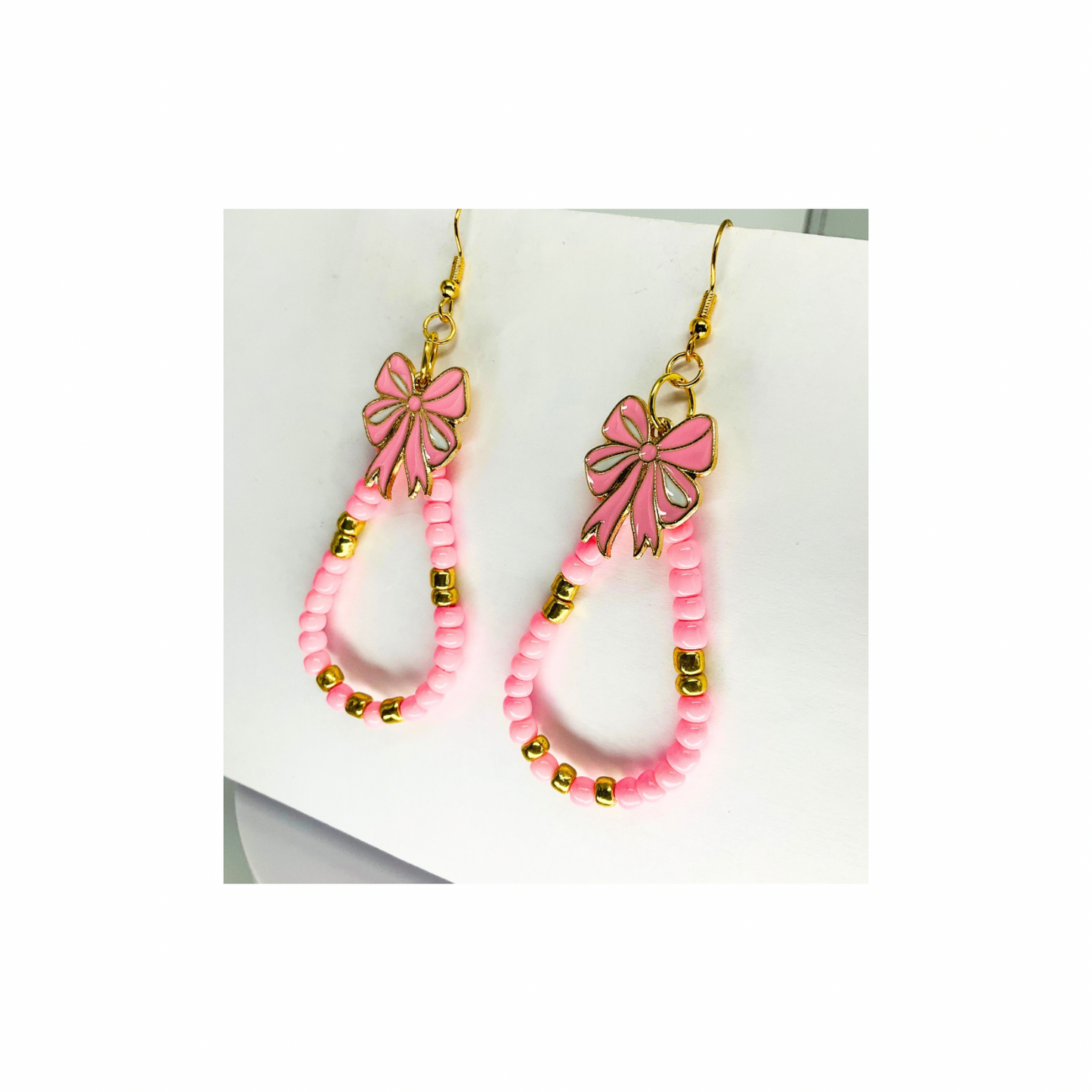 Pink and Gold Teardrop Beaded Dangle with Pink Bow Charm Earrings