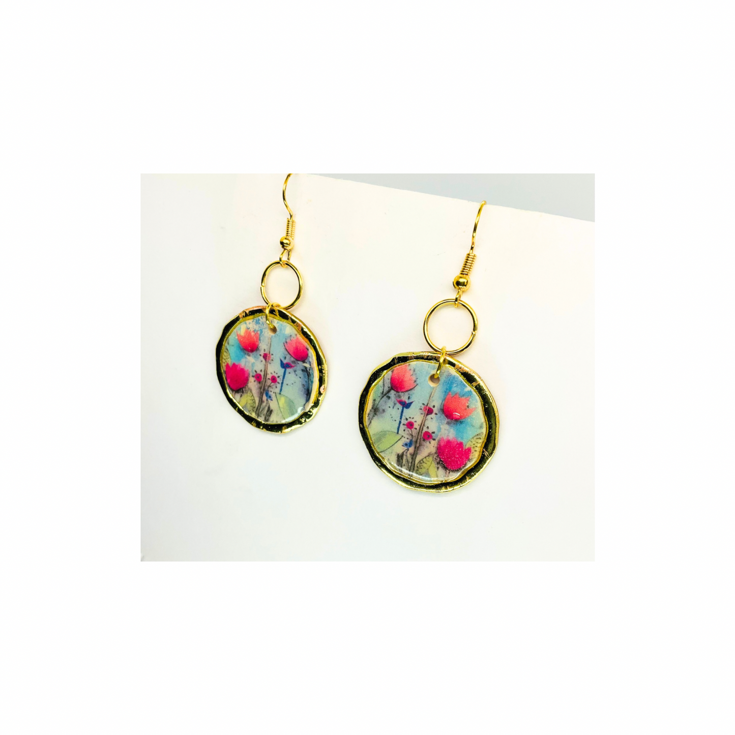 French Garden Collection Gold Round Floral Dangle Earring with Vibrant Pink and Blue Flowers for Elegant Looks