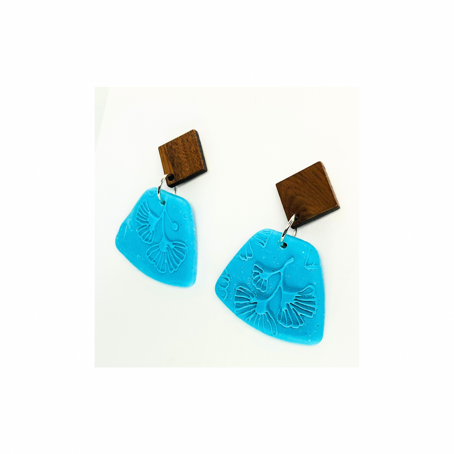 Turquoise Blue Leaf with Wood Stud Dangle Earring - Unique Design Earrings Featuring Leaf Motif and Wooden Accent