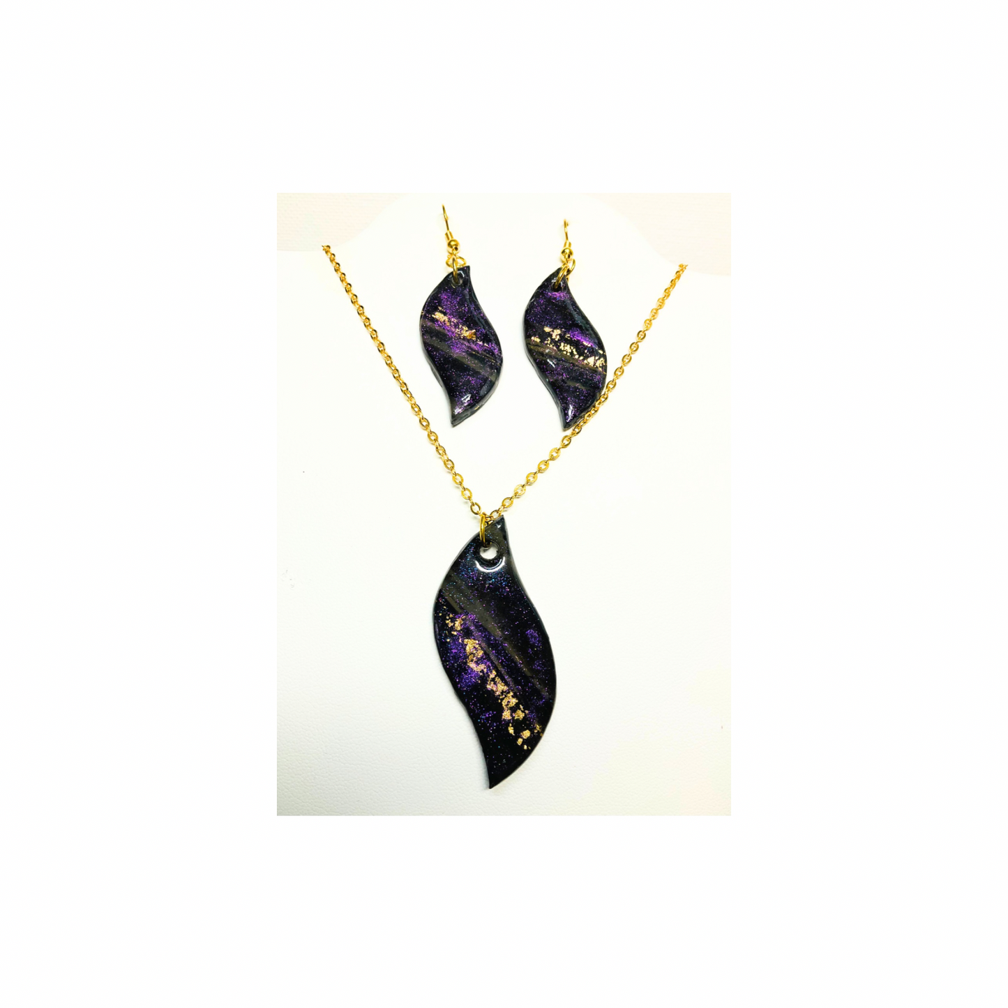 Purple Swirl Earring Set Handcrafted Polymer Clay Pendant & Earrings Gold Leaf Accents