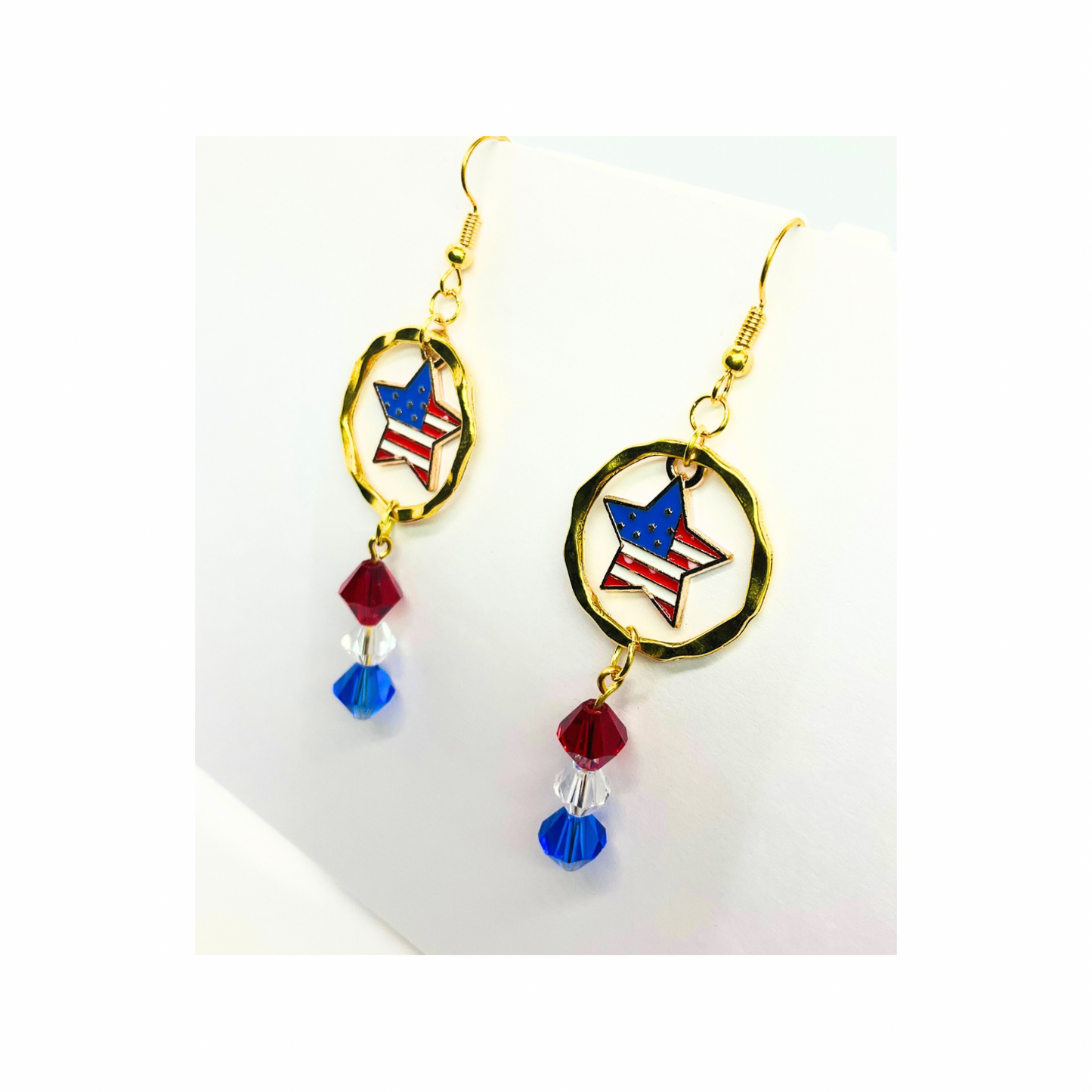 Patriotic Collection Star Flag Charm with Bead Dangle Earrings for Women - Patriotic Accessory with Red Blue & Clear Bead