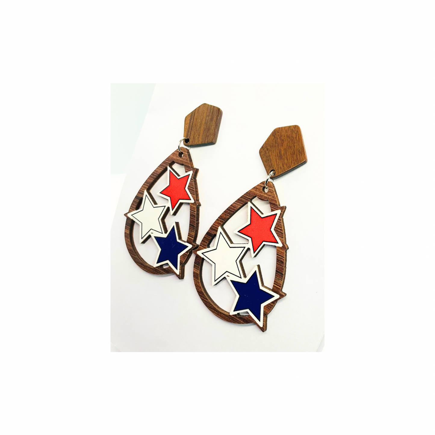 Patriotic Collection Red White Blue Wood Star Teardrop Dangle Earrings for Female Patriotic Jewelry