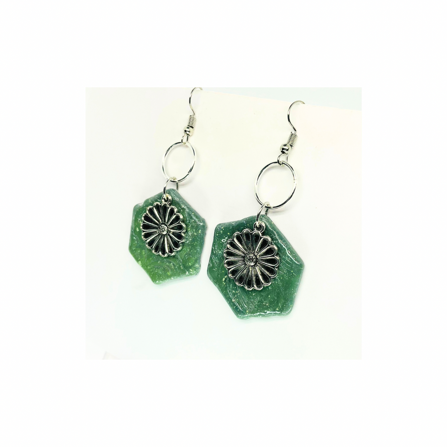 Jade Green Color Hexagon Shaped with Silver Flower Charm Dangle Earrings for Female Jewelry Accessories